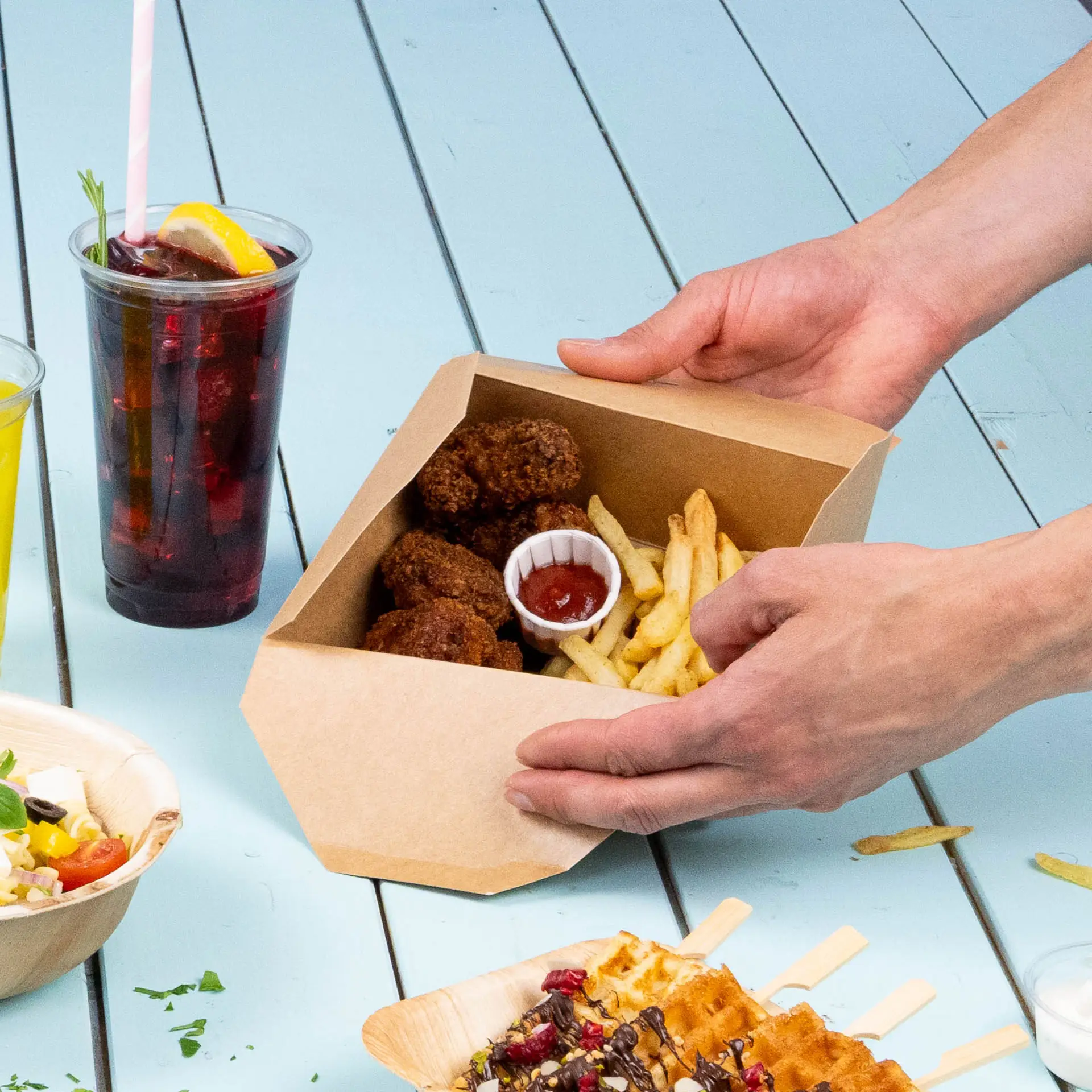 Cardboard take away box (1200 ml), shown from an angled view with dimensions labeled: 165 mm x 123 mm x 72 mm.