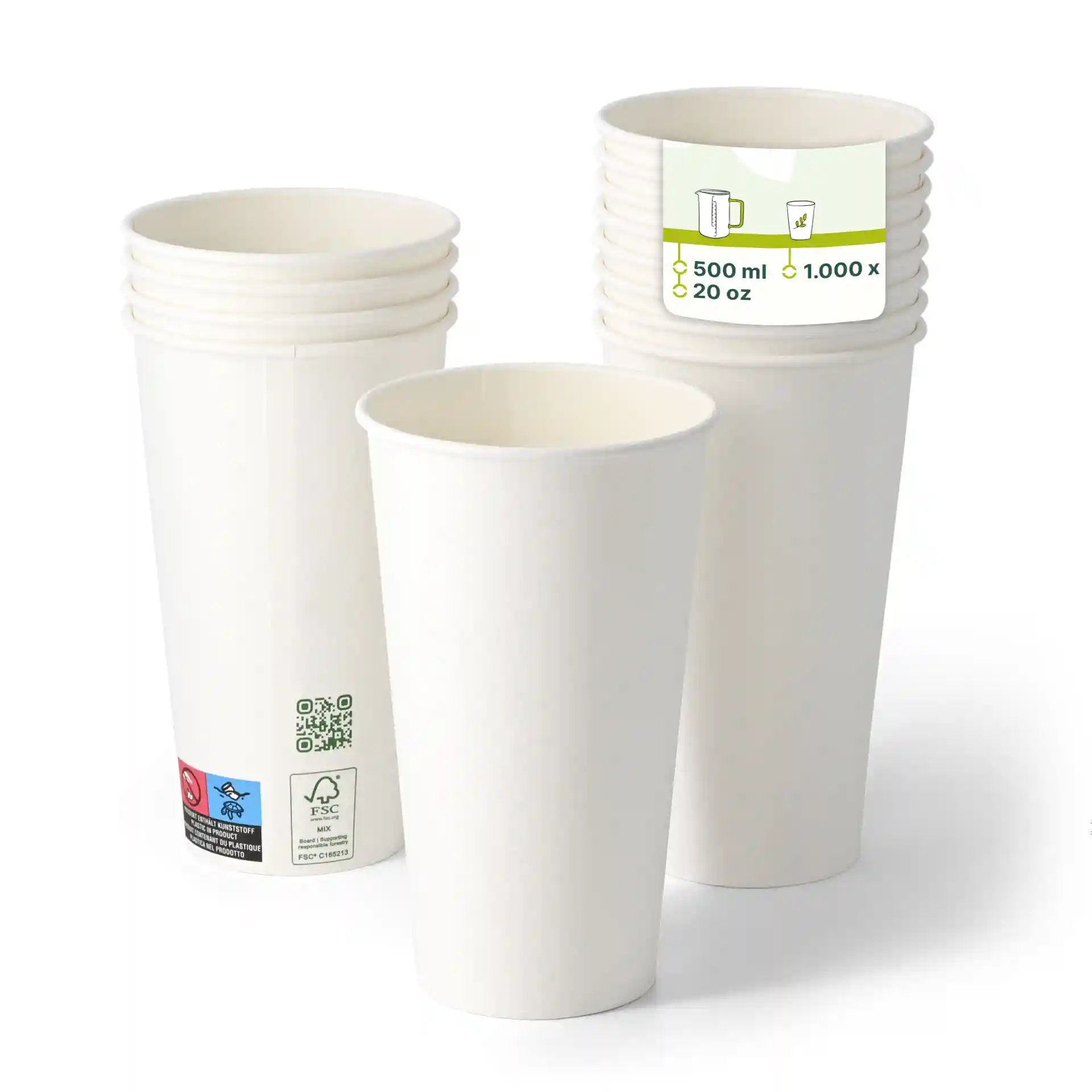 White paper cups stacked, single wall, 500 ml capacity, with a diameter of 90 mm and height of 150 mm.