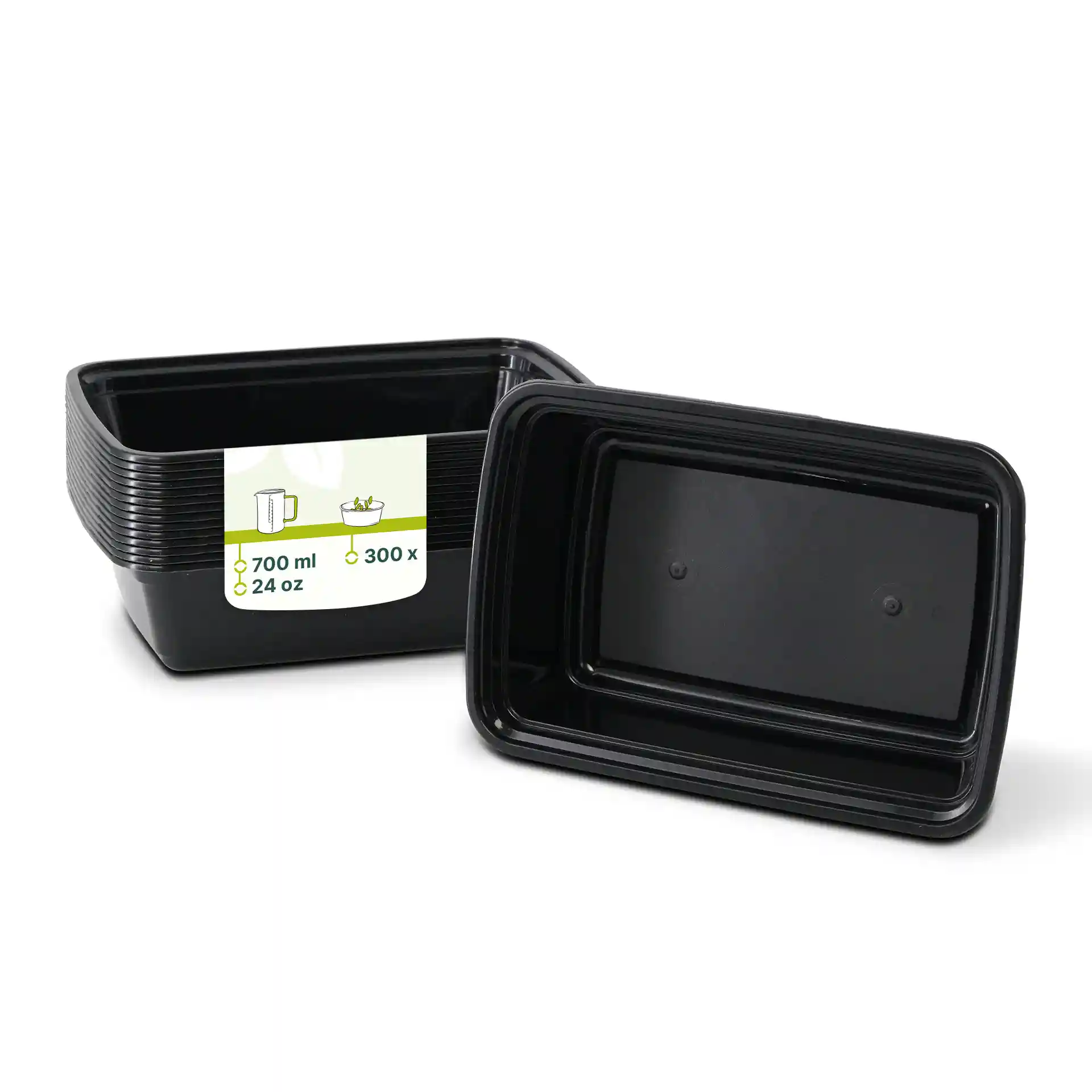 Black rectangular reusable container with a capacity of 700 ml, shown with a label and another container beside it.