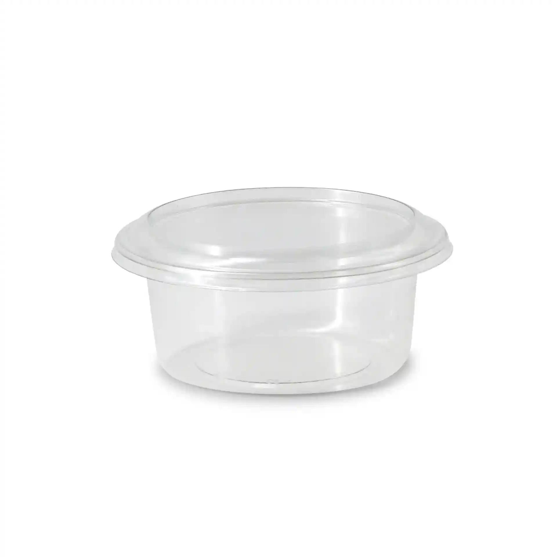 Transparent round deli pot with a diameter of 123 mm and a height of 60 mm, made from rPET material.