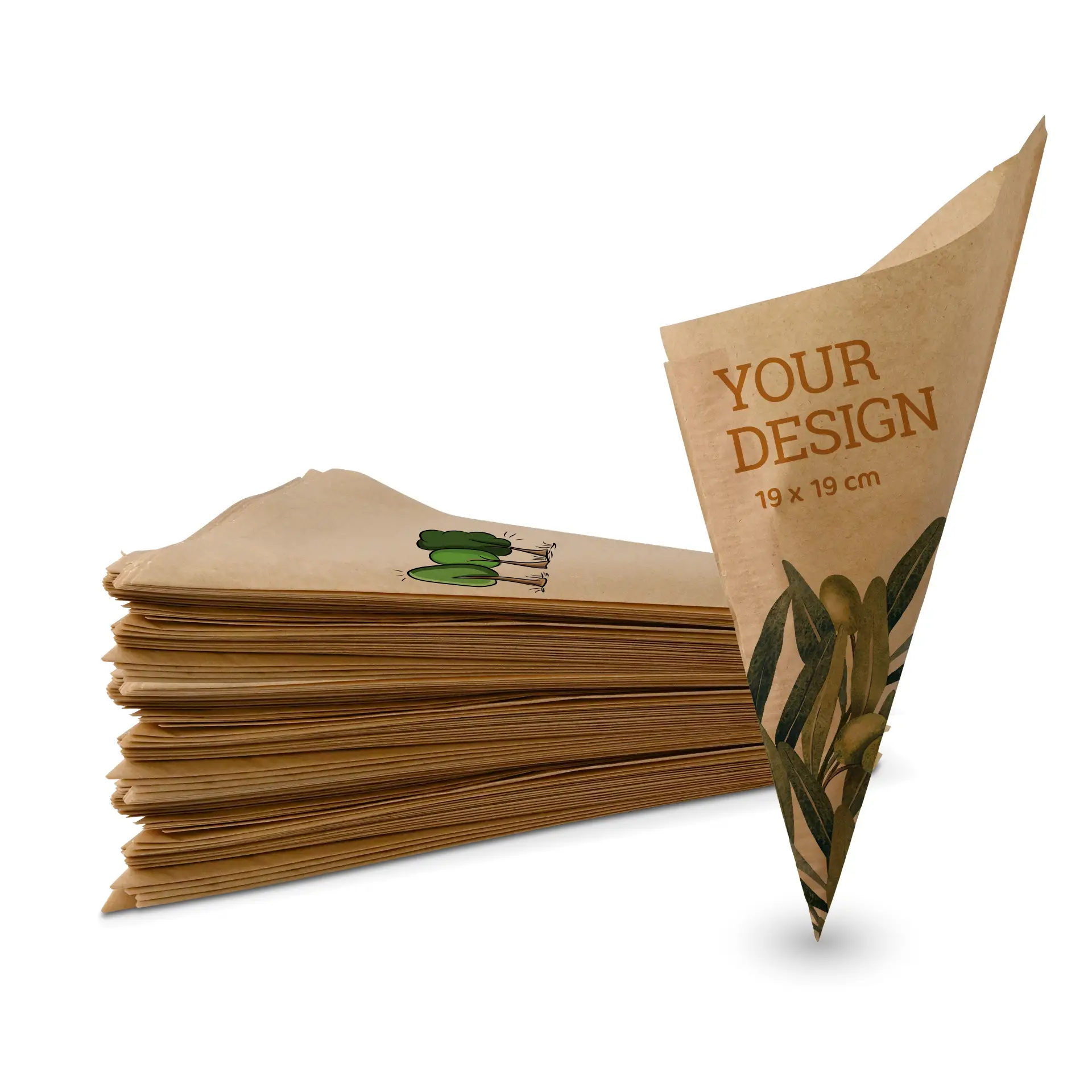 Custom printed paper cone bags for fries and snacks, 19 x 19 cm, featuring a design with foliage and a logo.