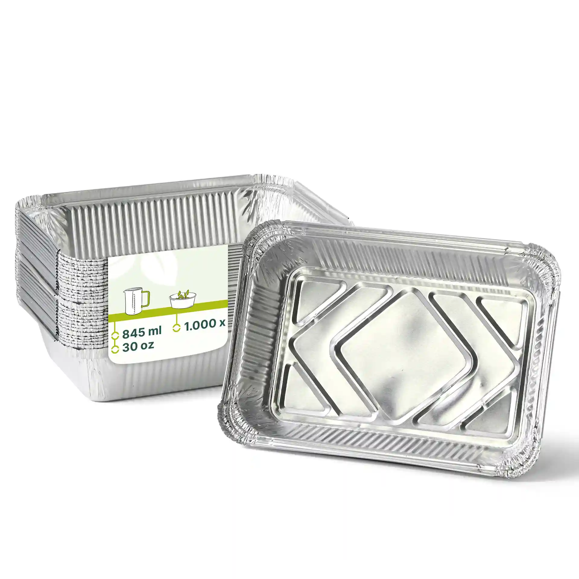 Rectangular aluminum containers stacked, measuring 21.4 x 14.9 x 4.3 cm, with a filling volume of 845 ml.