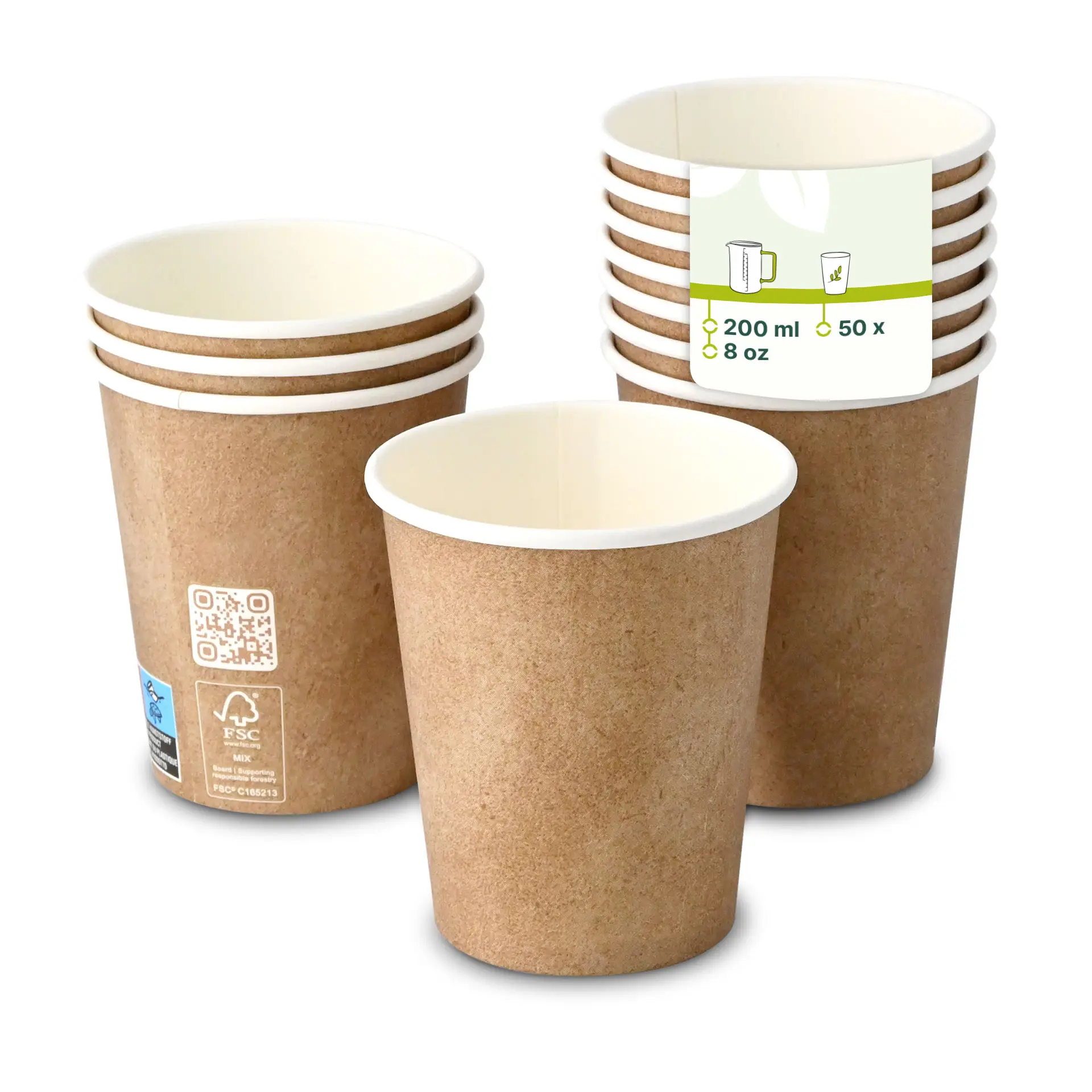 Brown paper cups with white inner lining, single wall, 200 ml capacity, stacked with one cup in front.