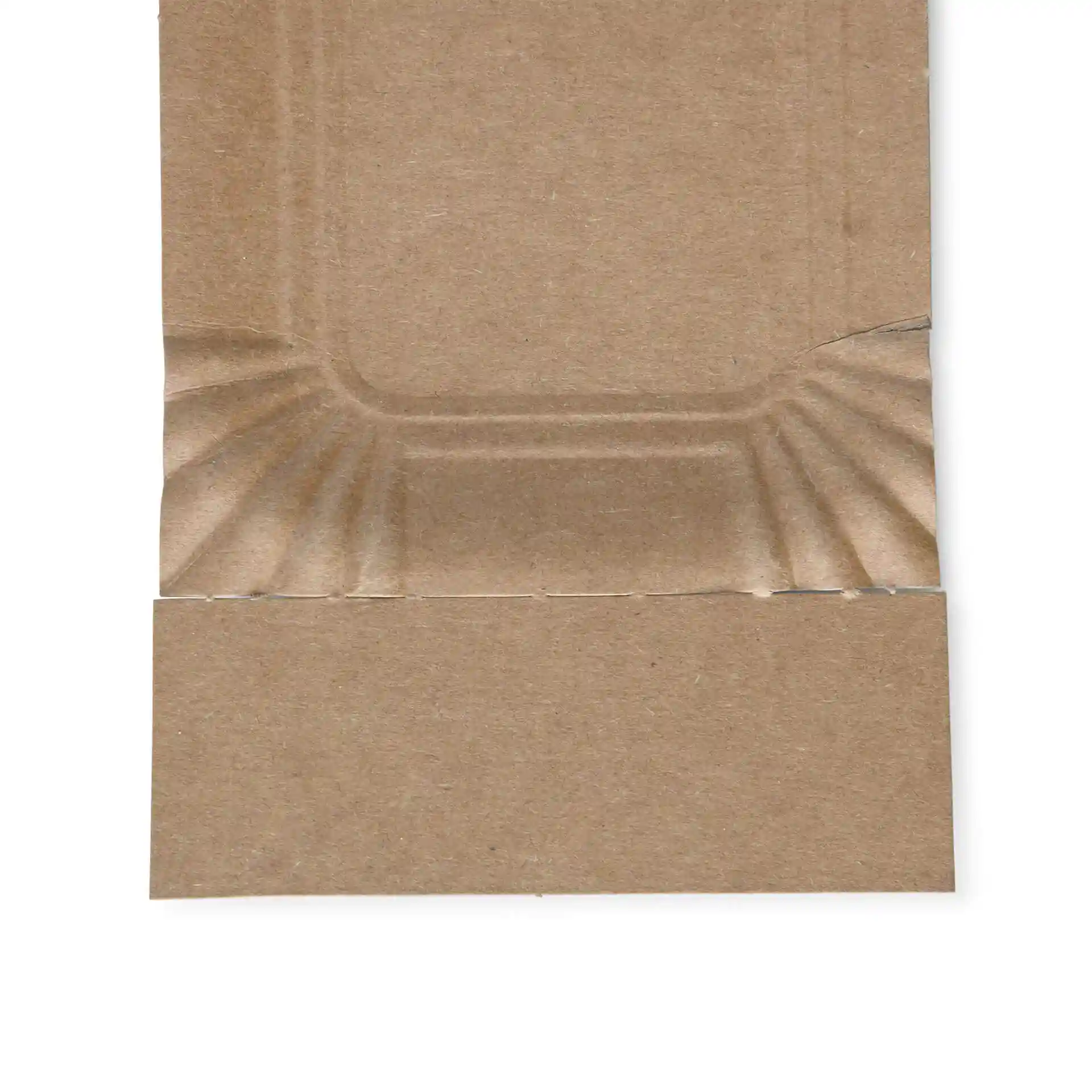 Close-up of a brown cardboard rectangular plate with a shallow design and folded edges.
