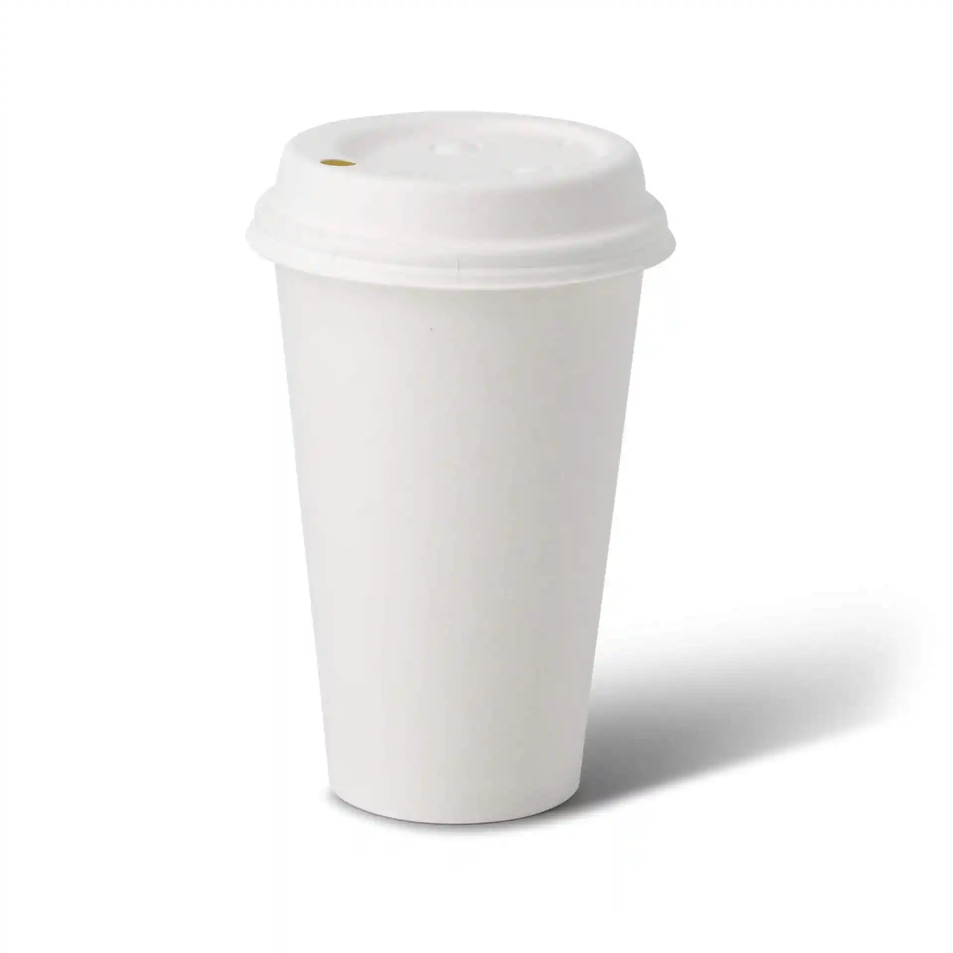 White paper cup with a round shape, 16 oz capacity, and a coated surface, featuring a lid with a hole.