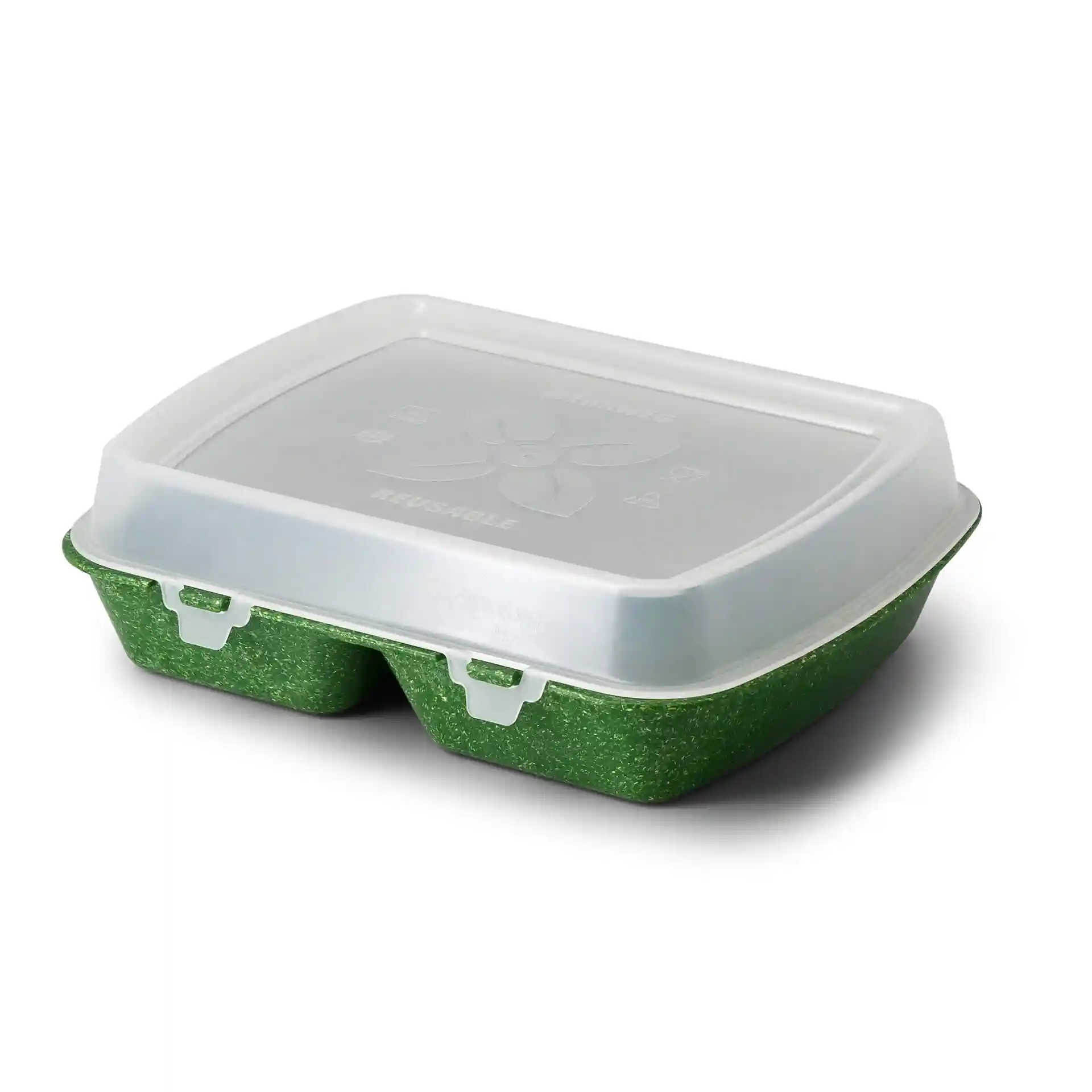Reusable meal container with two compartments, green bio compound material, and a transparent lid. Dimensions: 24.5 x 20 x 4.5 cm.