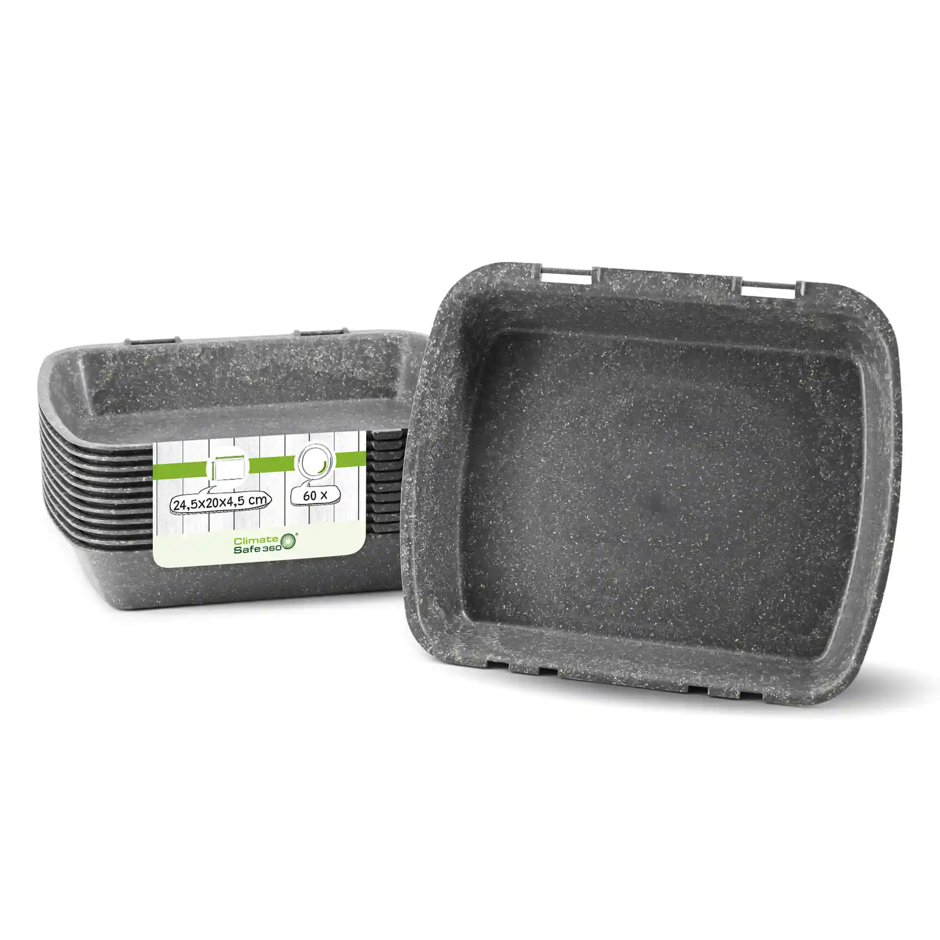 Rectangular grey reusable menu containers stacked together, with one container turned to show the interior.