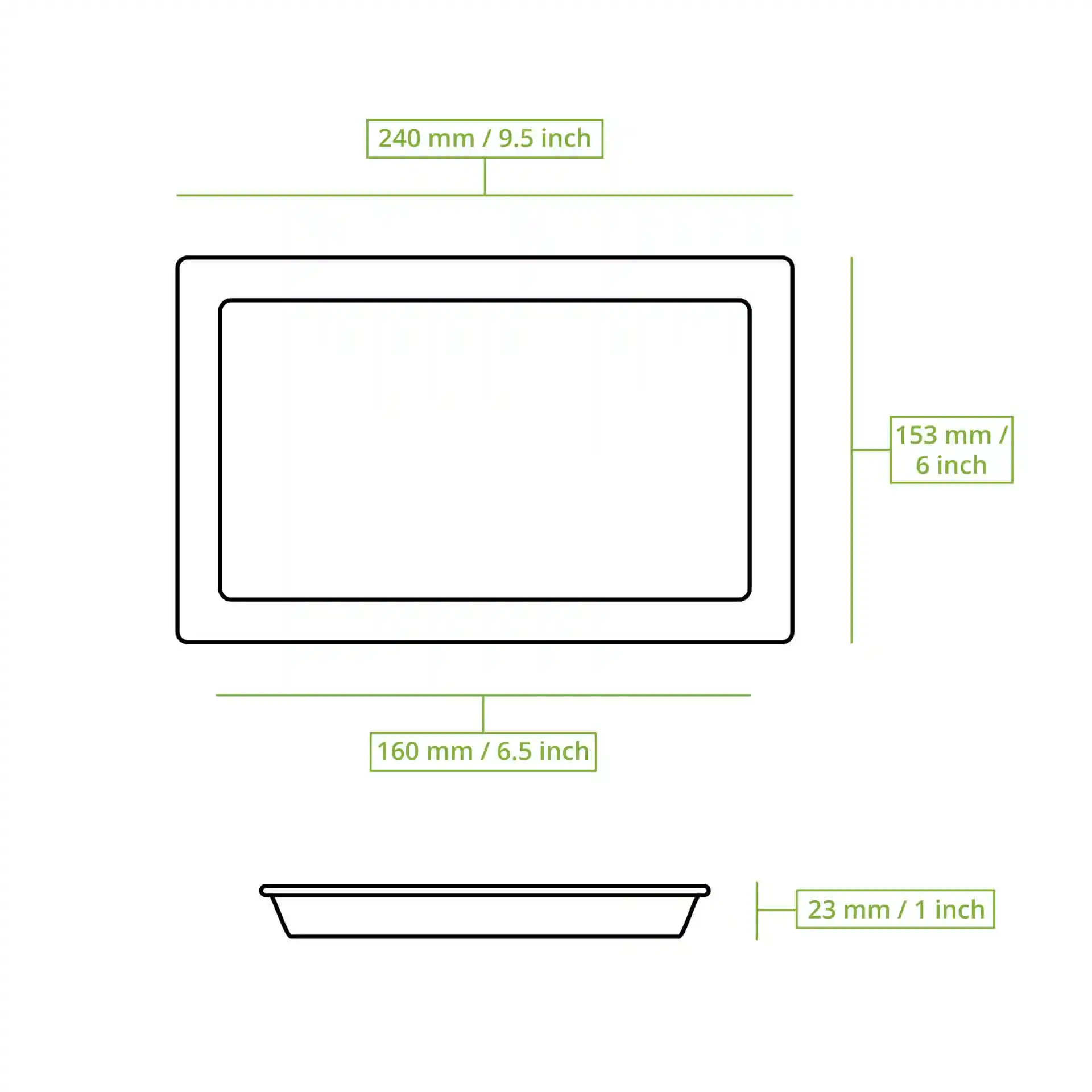 Schematic drawing of a rectangular palm leaf plate with dimensions: 240 mm length, 153 mm width, and 23 mm height.