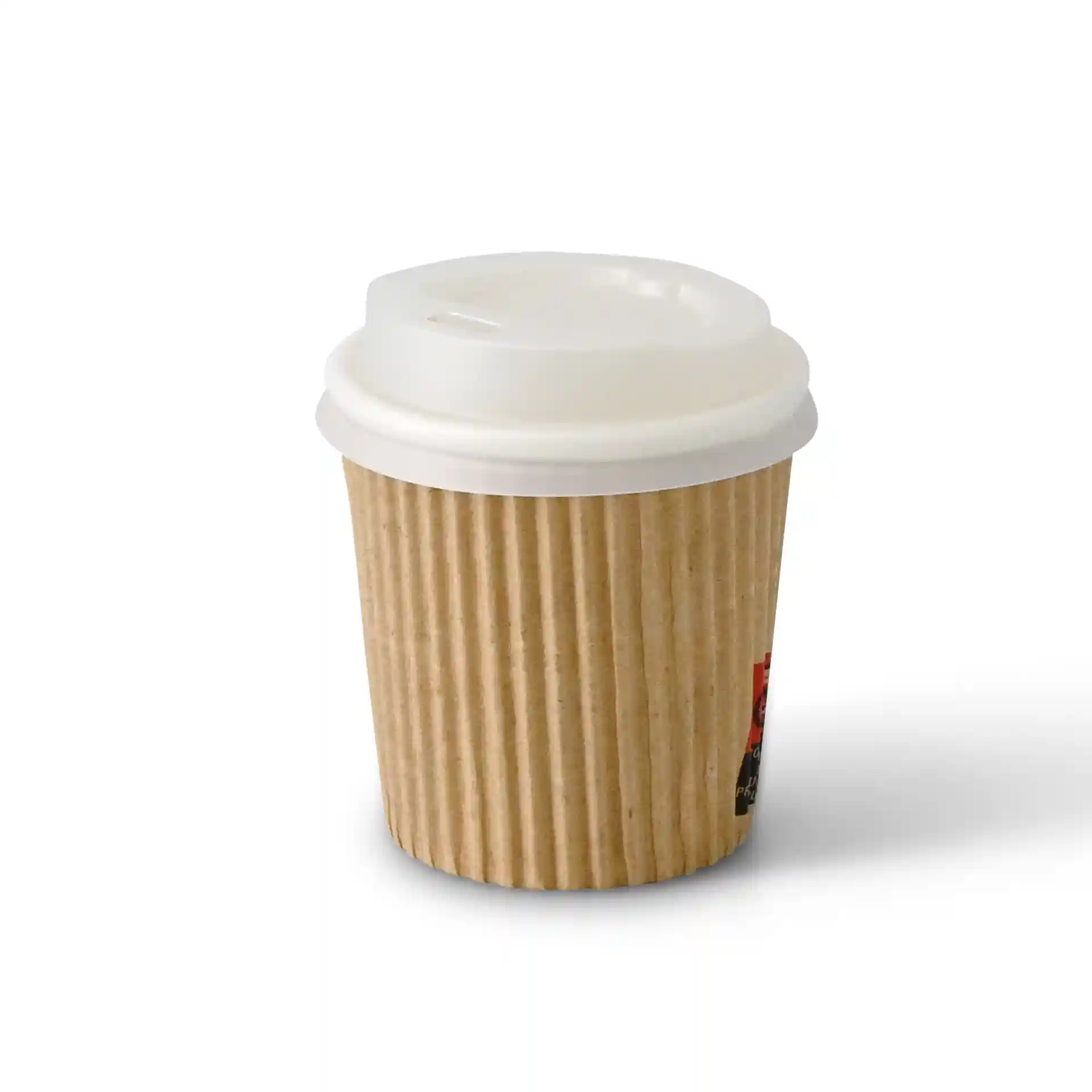 Brown ribbed coffee cup with a white lid, 4 oz capacity, 62 mm diameter, and 63 mm height.