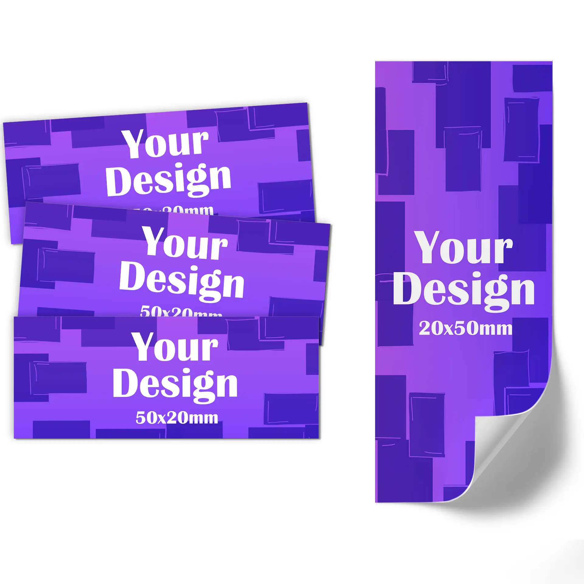 One purple label with a circular icon and measurements of 50x20 mm; corner slightly curled.