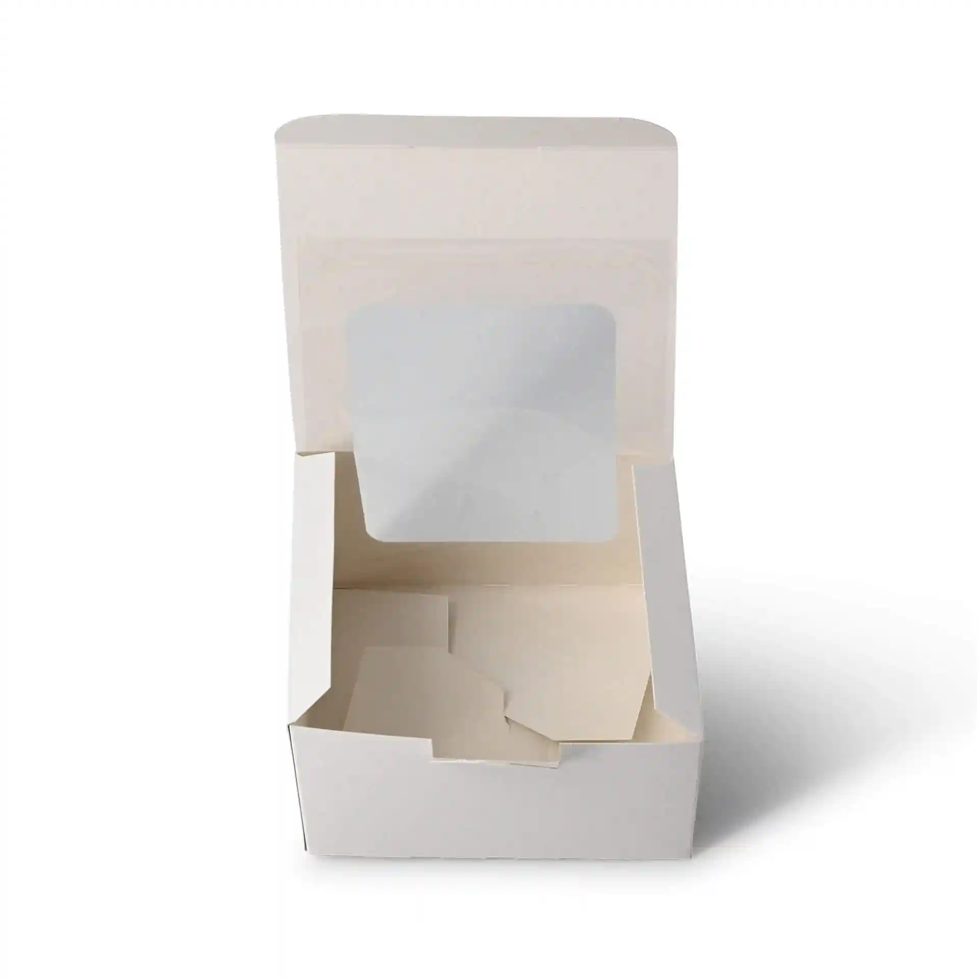 White pastry box with a cellulose window, measuring 13 x 11 x 8 cm, shown open with no contents inside.