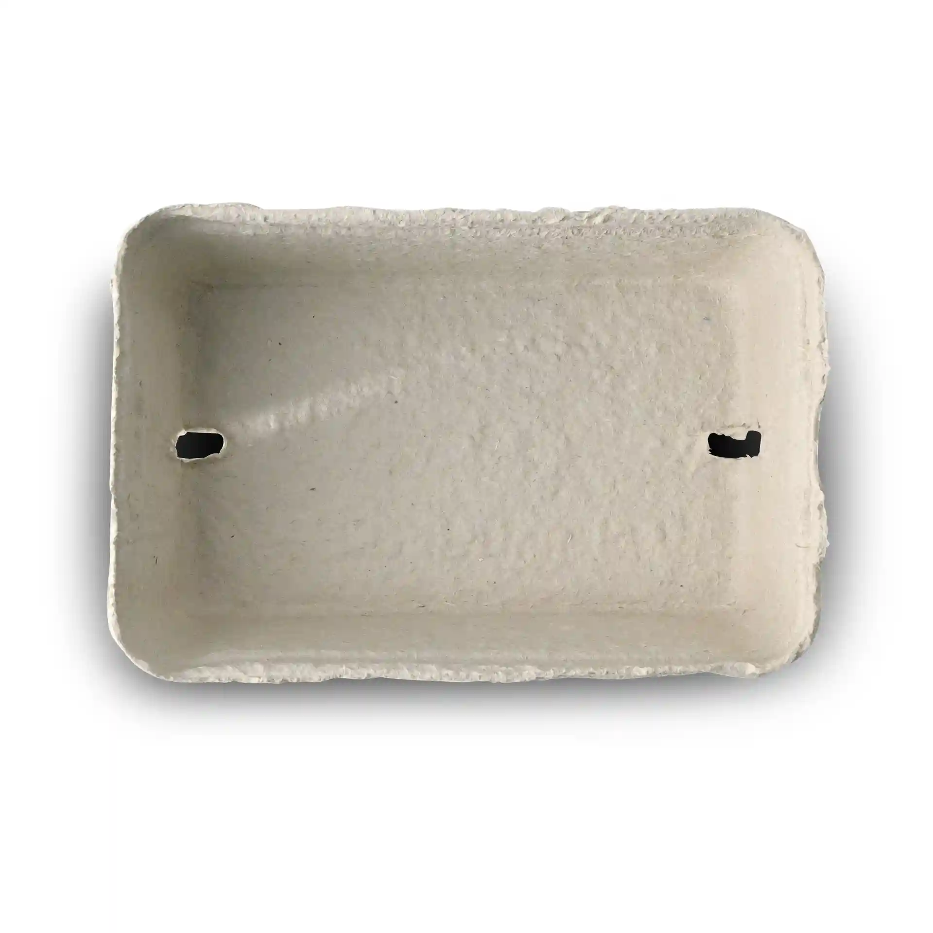 White wood pulp berry punnet, rectangular shape with two holes, dimensions 135mm x 90mm x 50mm.