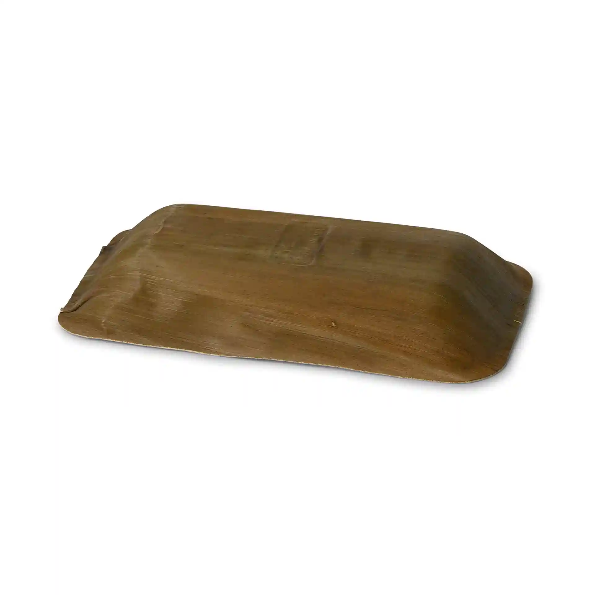 Deep rectangular palm leaf plate in a grain color, measuring 25 x 15 cm, with a height of 3.4 cm.