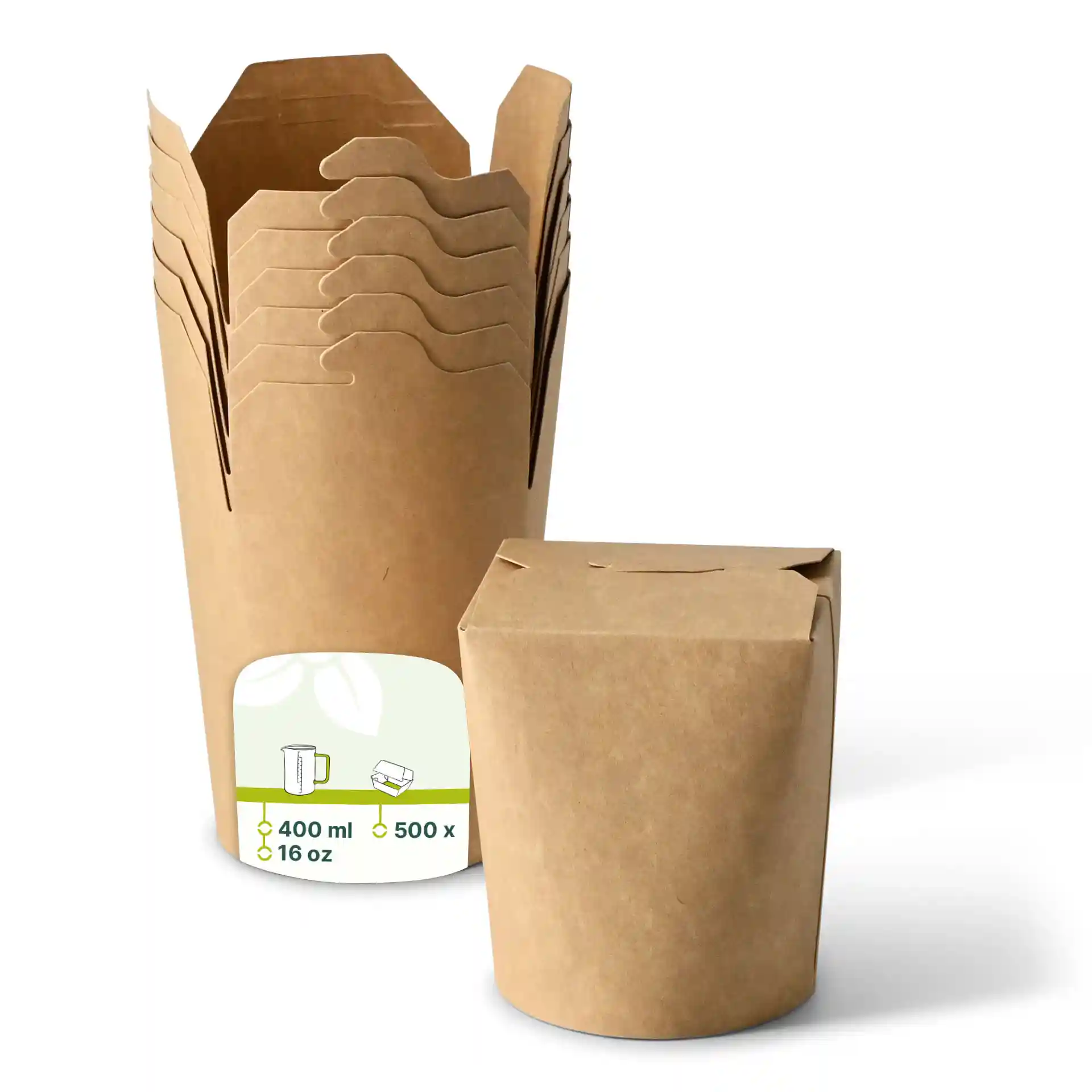 Brown cardboard noodle boxes with a round shape, one stacked above another, showing a total of 500 boxes.