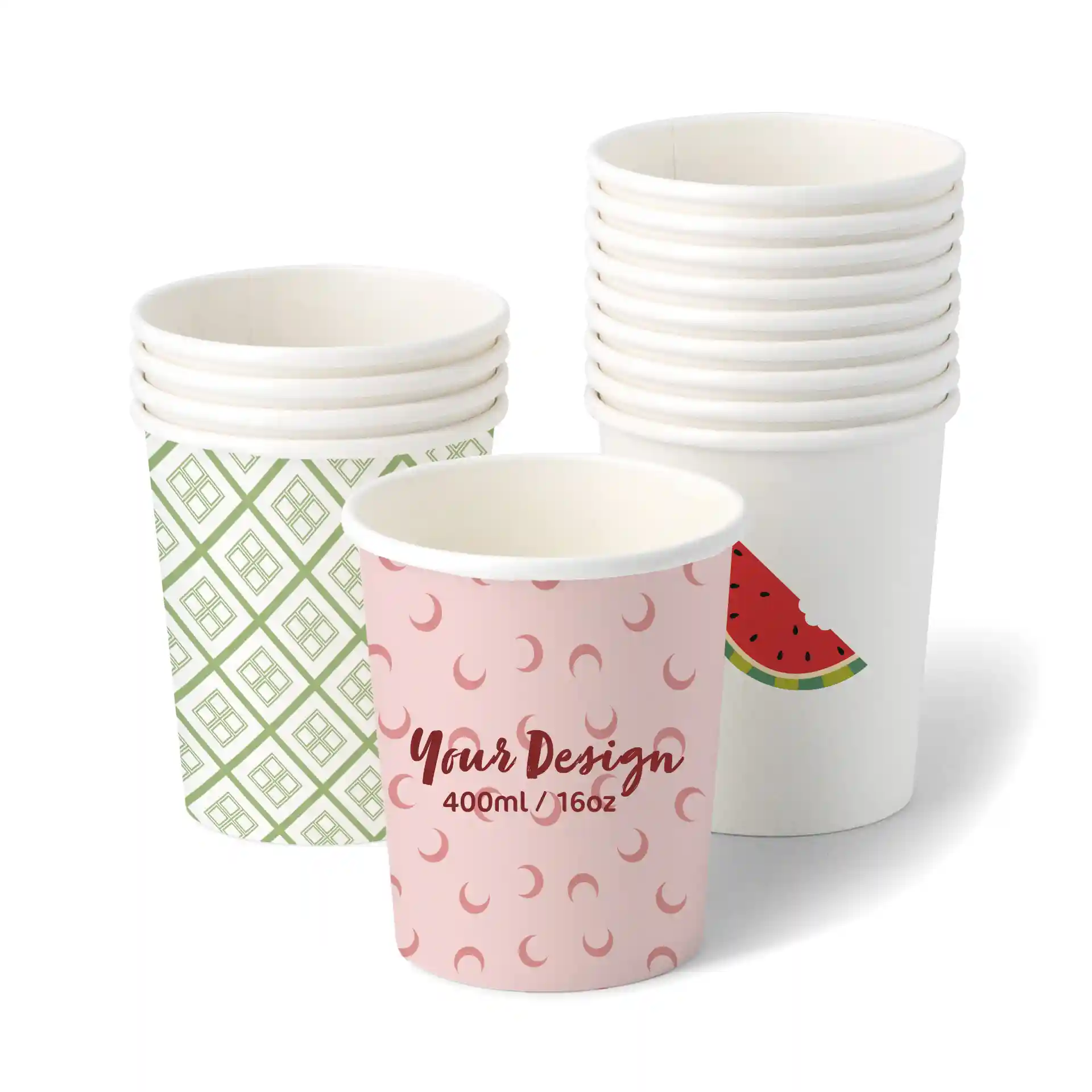 Round ice cream cups in various designs, including pink with crescent shapes and green geometric patterns, stacked together.
