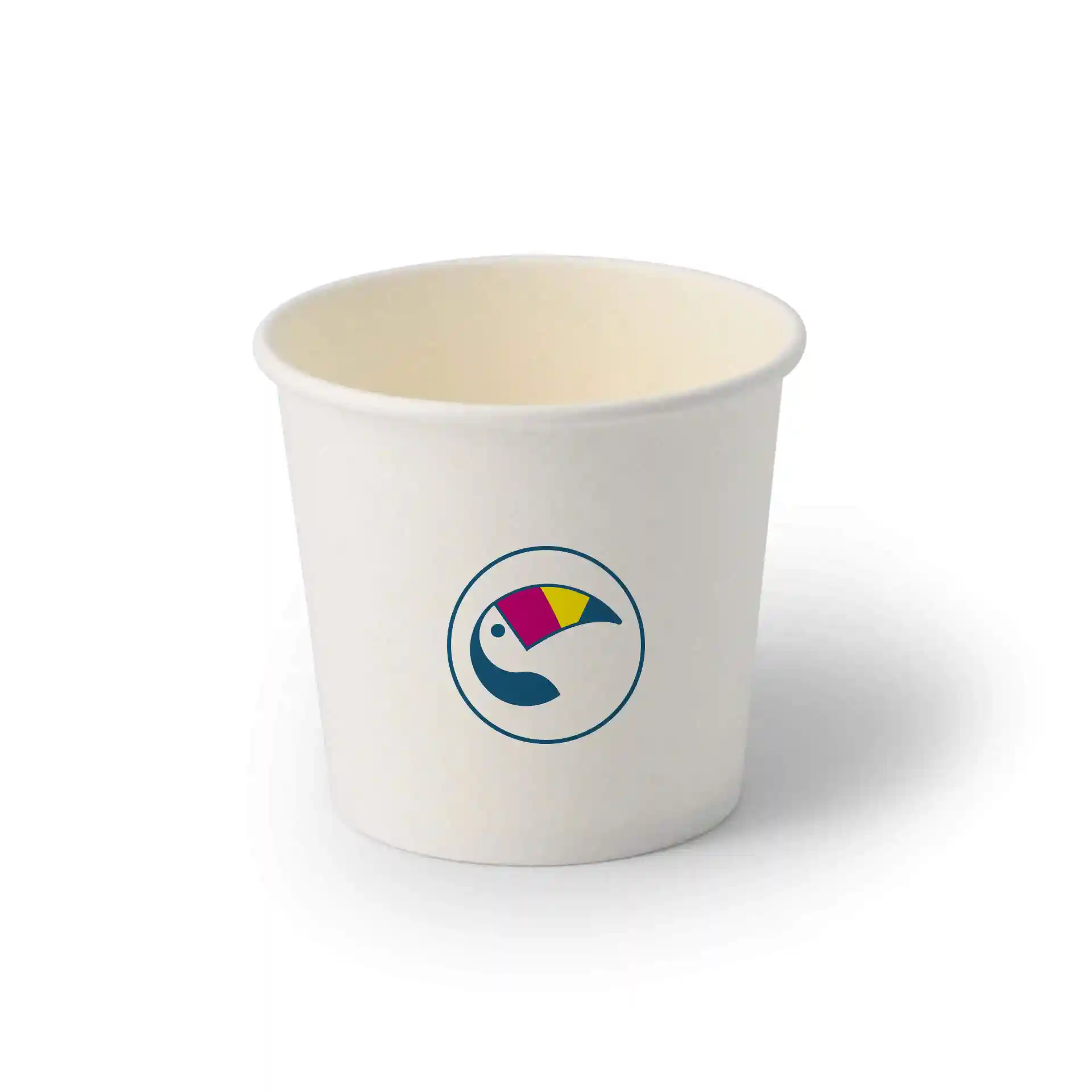 White cardboard cup with a round shape and a printed logo featuring a bird design.