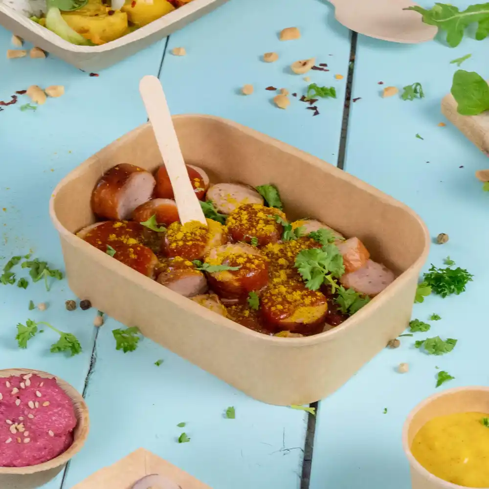 A cardboard bowl contains sliced sausages topped with yellow seasoning and fresh herbs, on a blue surface.