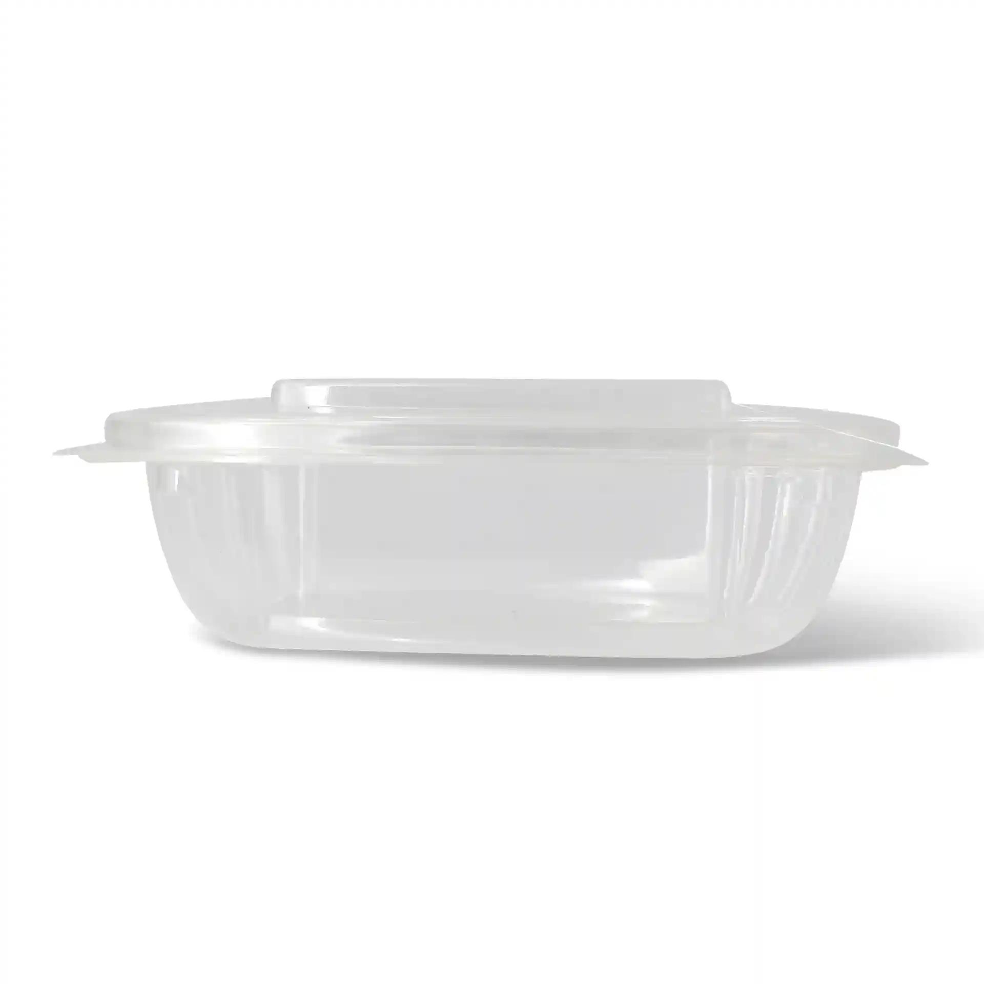 Transparent rectangular PLA deli bowl with a folding lid, dimensions 159 mm length, 130 mm width, and 42 mm height.