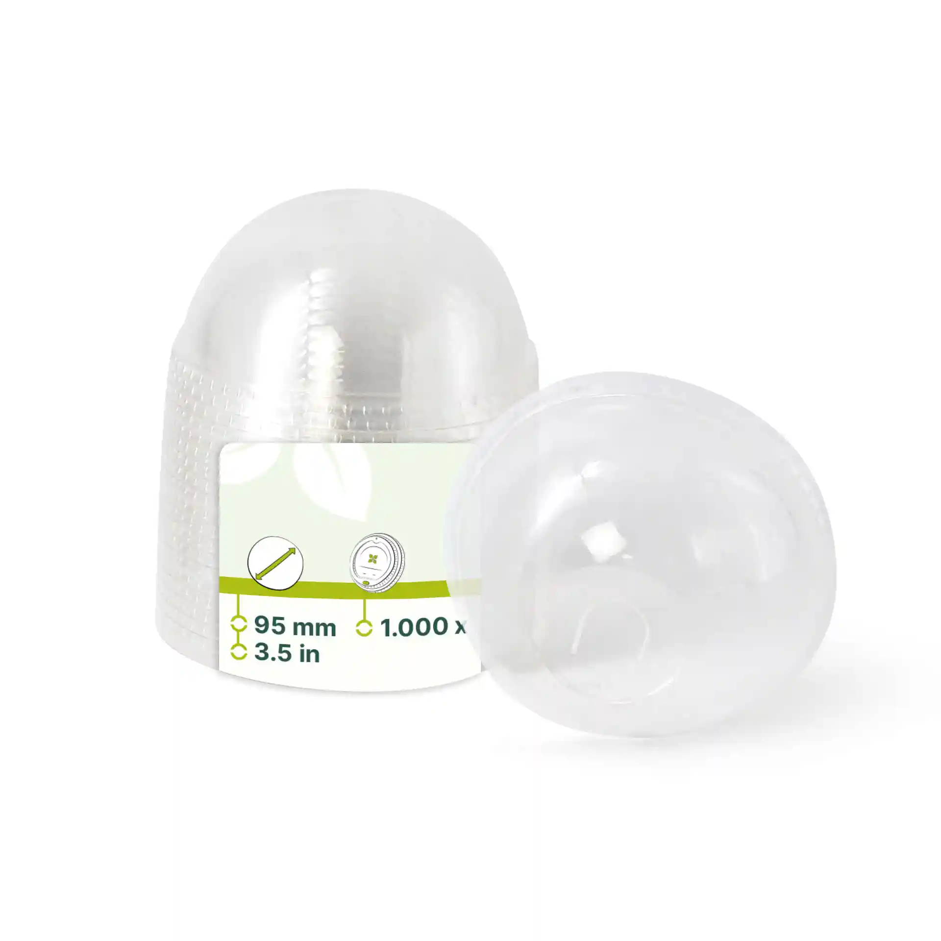 Clear PLA dome lid with a straw hole, diameter 95 mm, positioned next to a similar lid.