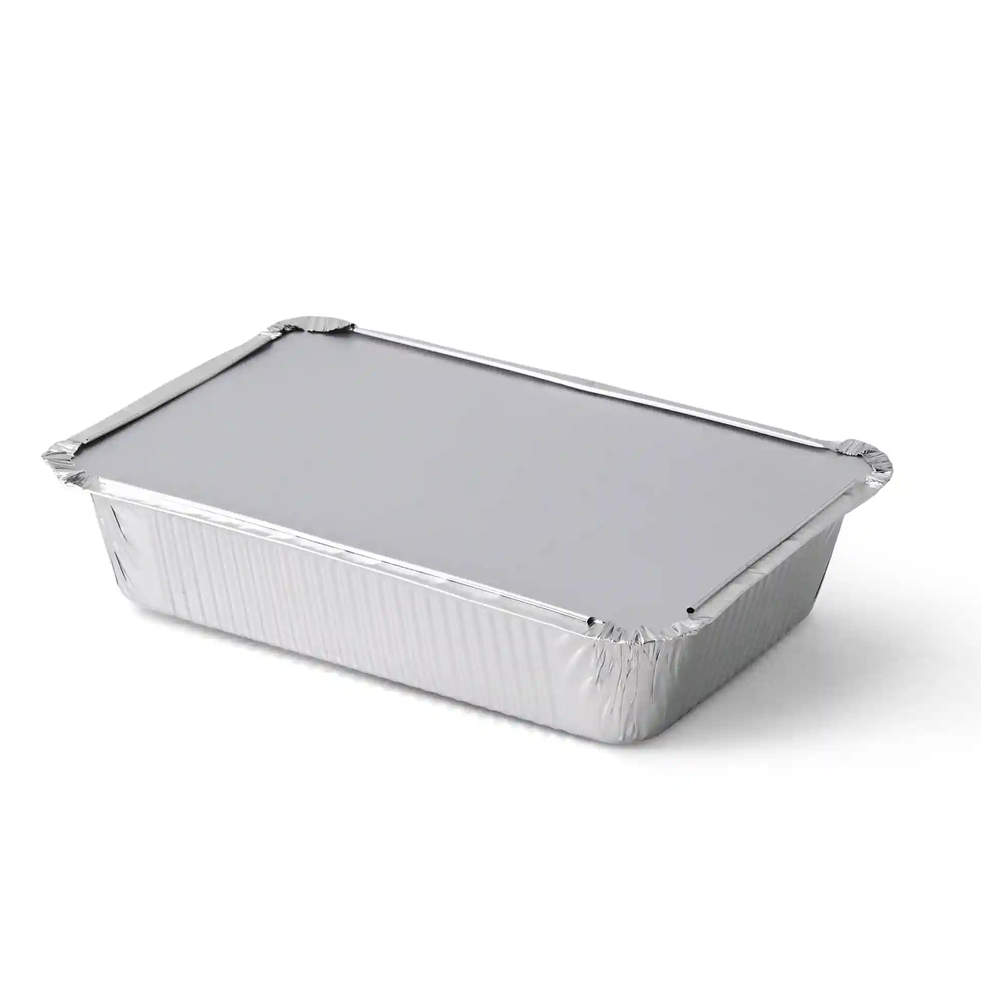Rectangular aluminium container with a flat lid, measuring 21.4 x 14.9 x 4.3 cm, and a capacity of 928 ml.