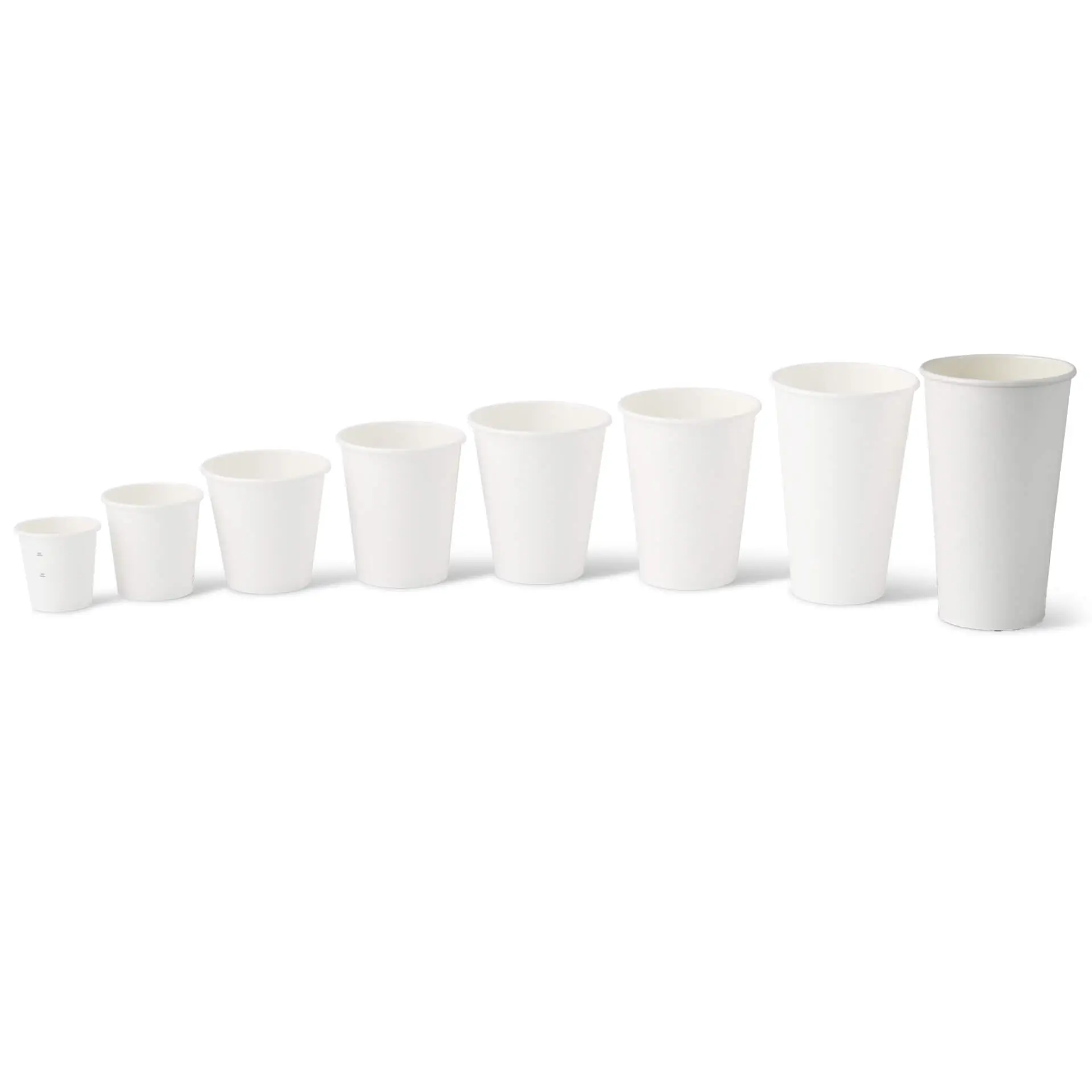 White single-wall paper cups in various sizes with PLA coating for hot and cold drinks, stacked from smallest to largest.