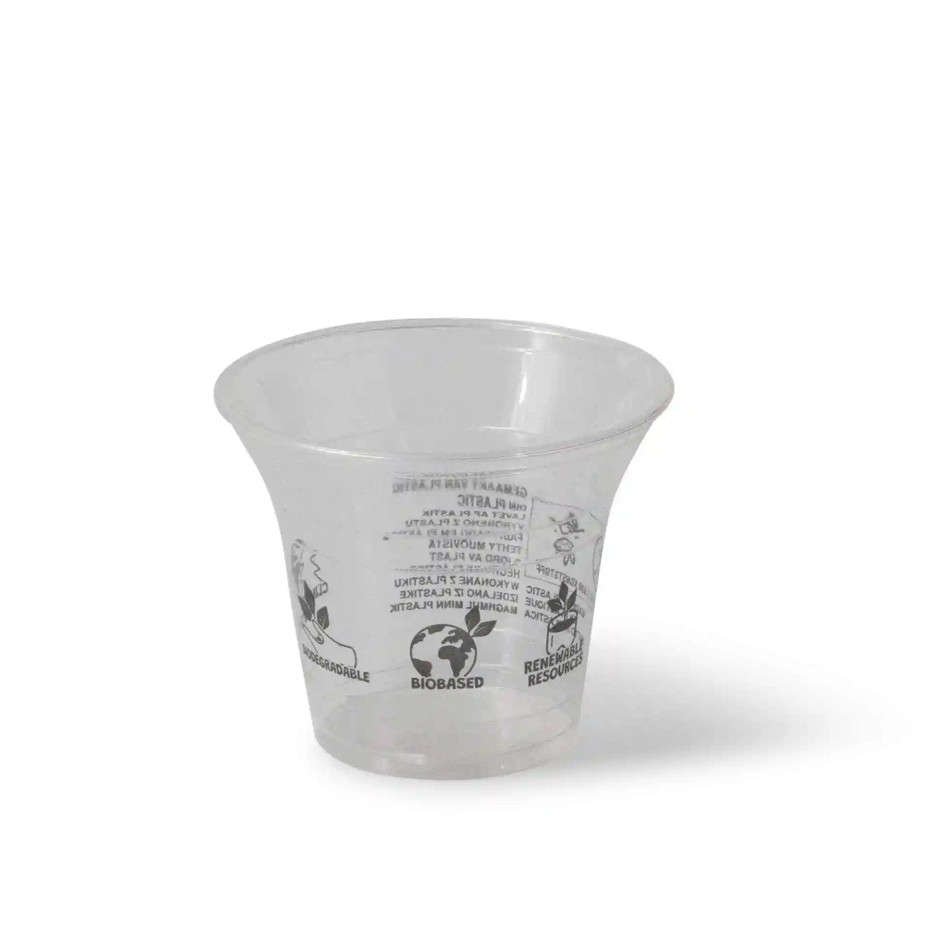 Transparent 8 oz PLA smoothie cup with a flared rim and no coating, featuring various symbols on the surface.