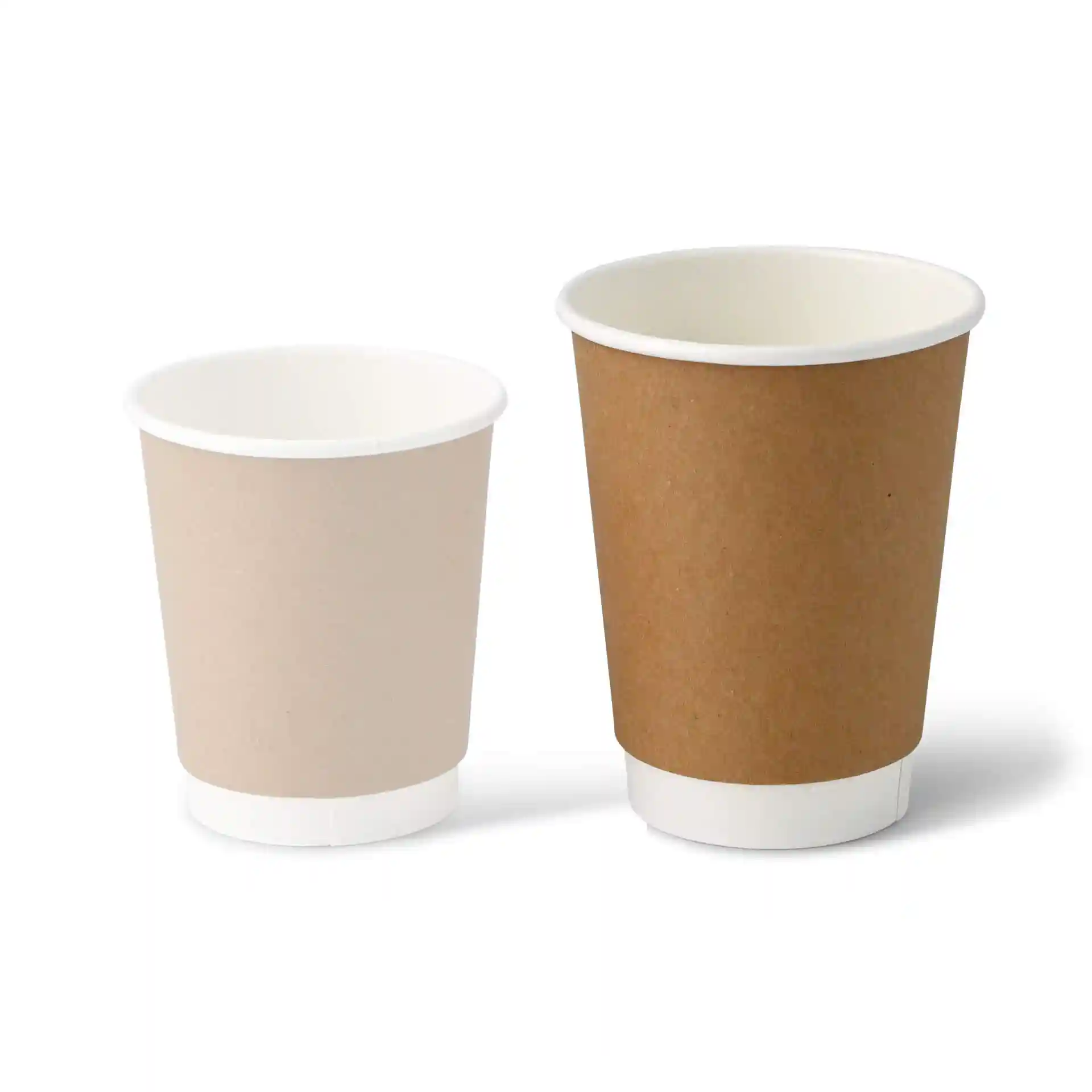 Image of two disposable coffee cups: one brown double-walled cup and one beige cup, both with white inner linings.