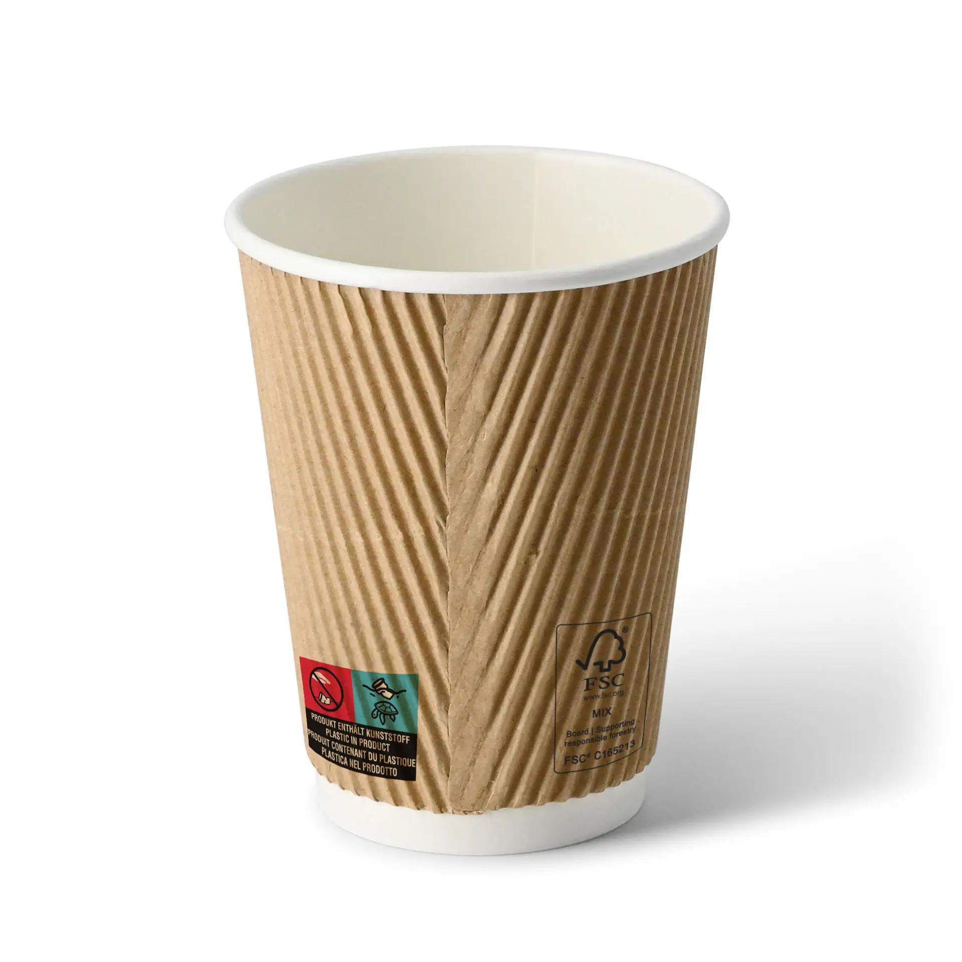 12 oz brown ripple coffee cup with white interior; suitable for hot and cold beverages; PE-coated for durability.