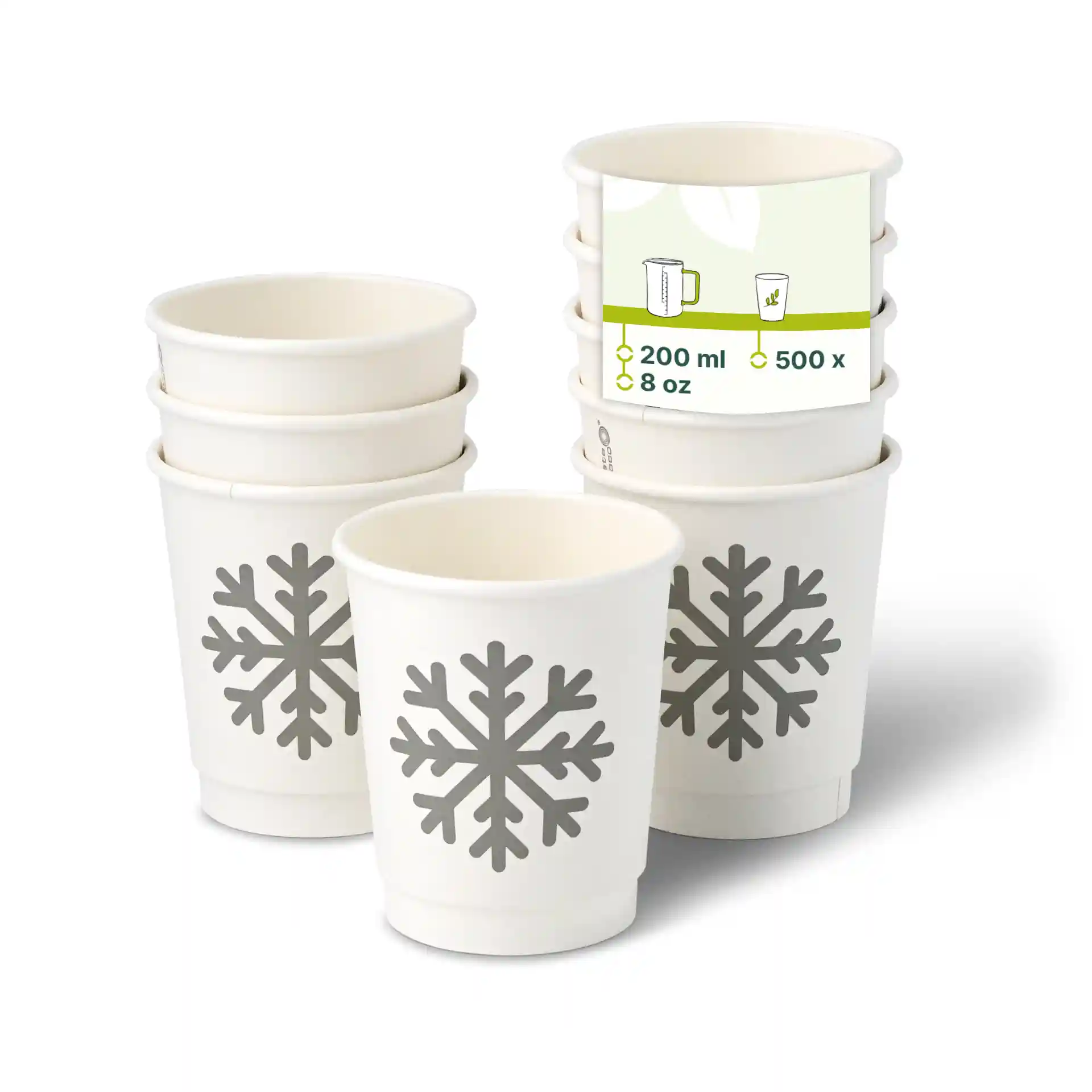 White double-walled paper cups with a snowflake design, stacked with one cup in front.