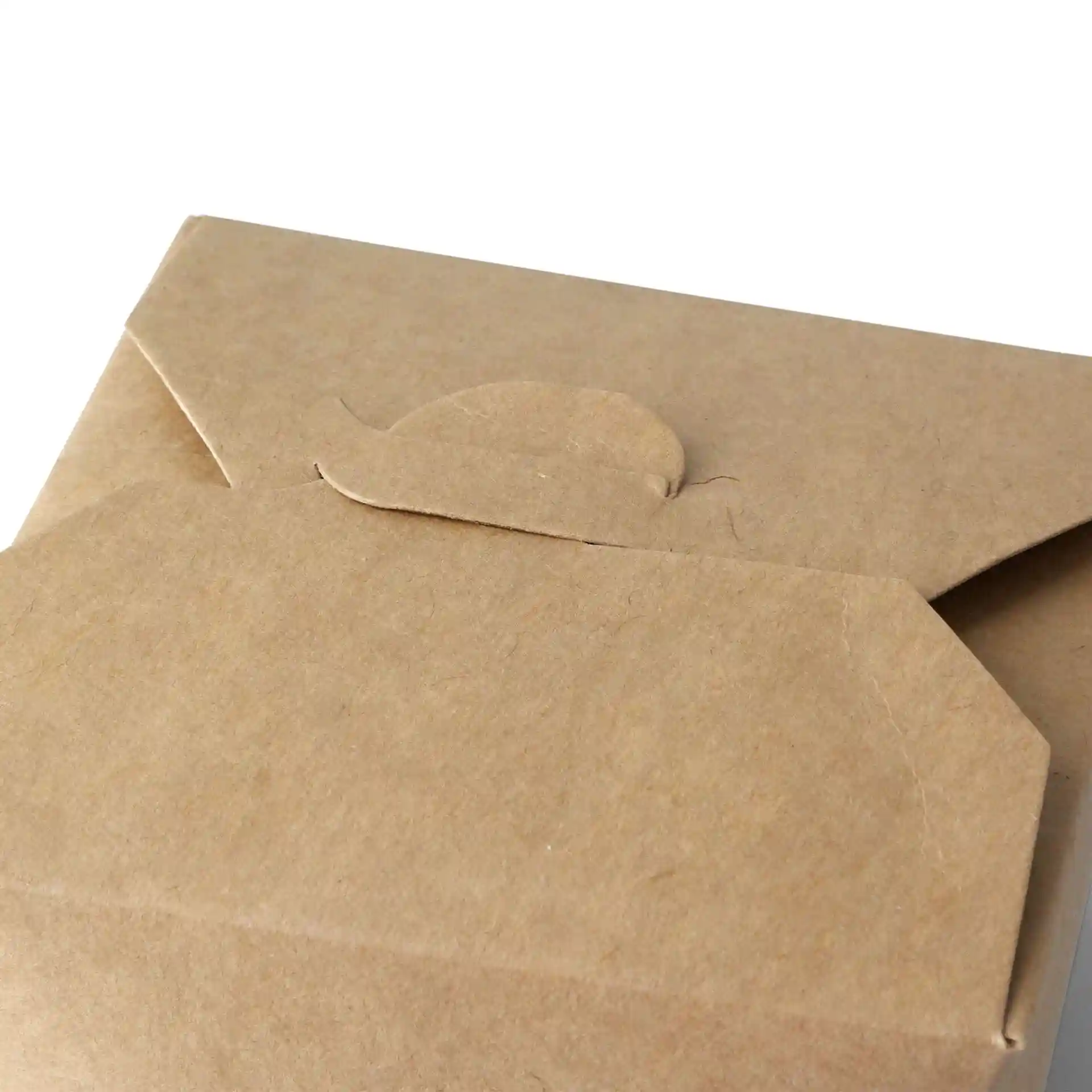 Brown cardboard noodle box with a flap closure, rectangular shape, and dimensions of 95 mm by 90 mm.