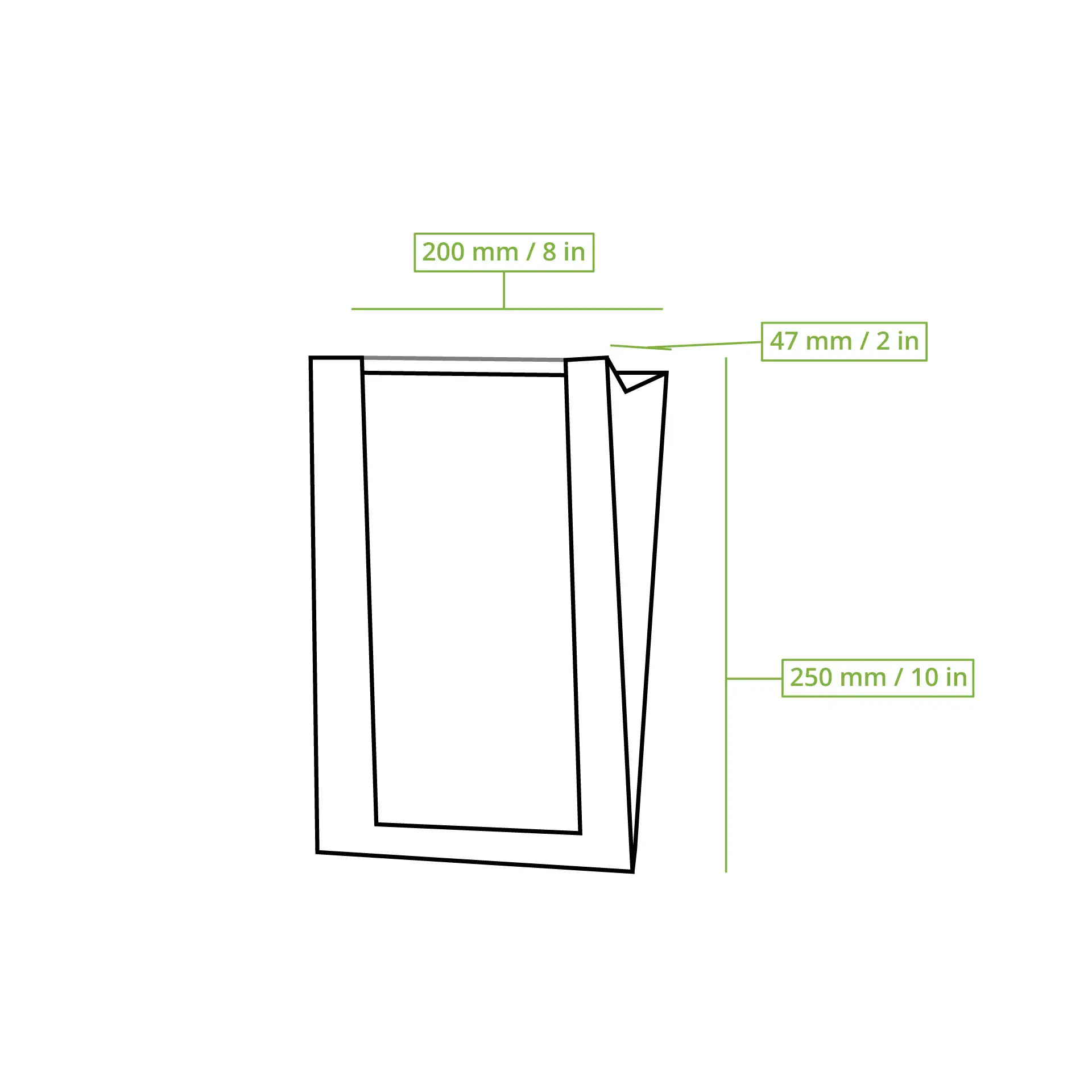 Flat brown paper bread bag with a transparent PLA window; dimensions 200 mm x 250 mm, suitable for various baked goods.