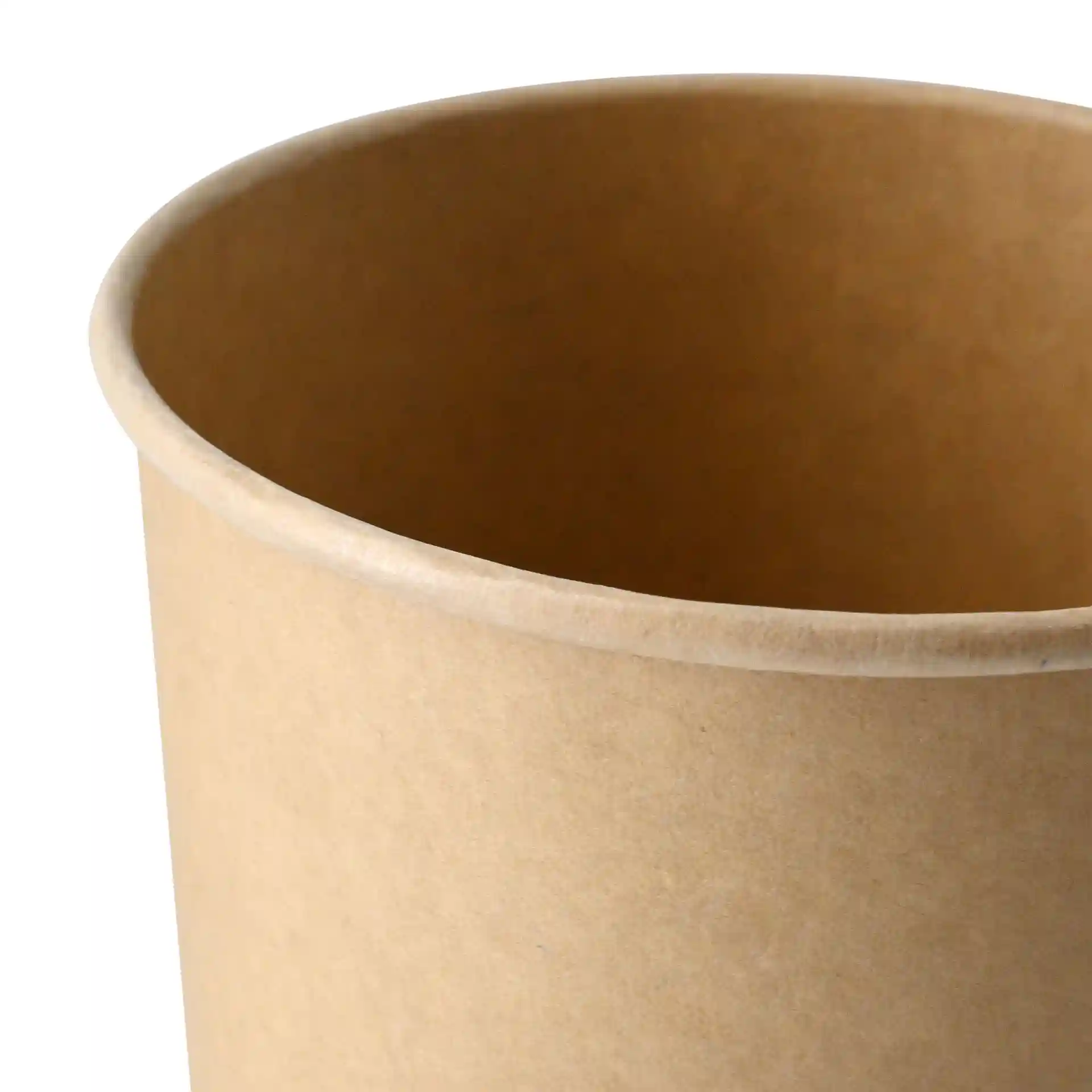 Brown cardboard soup cup with a round shape, showing the interior and top edge.
