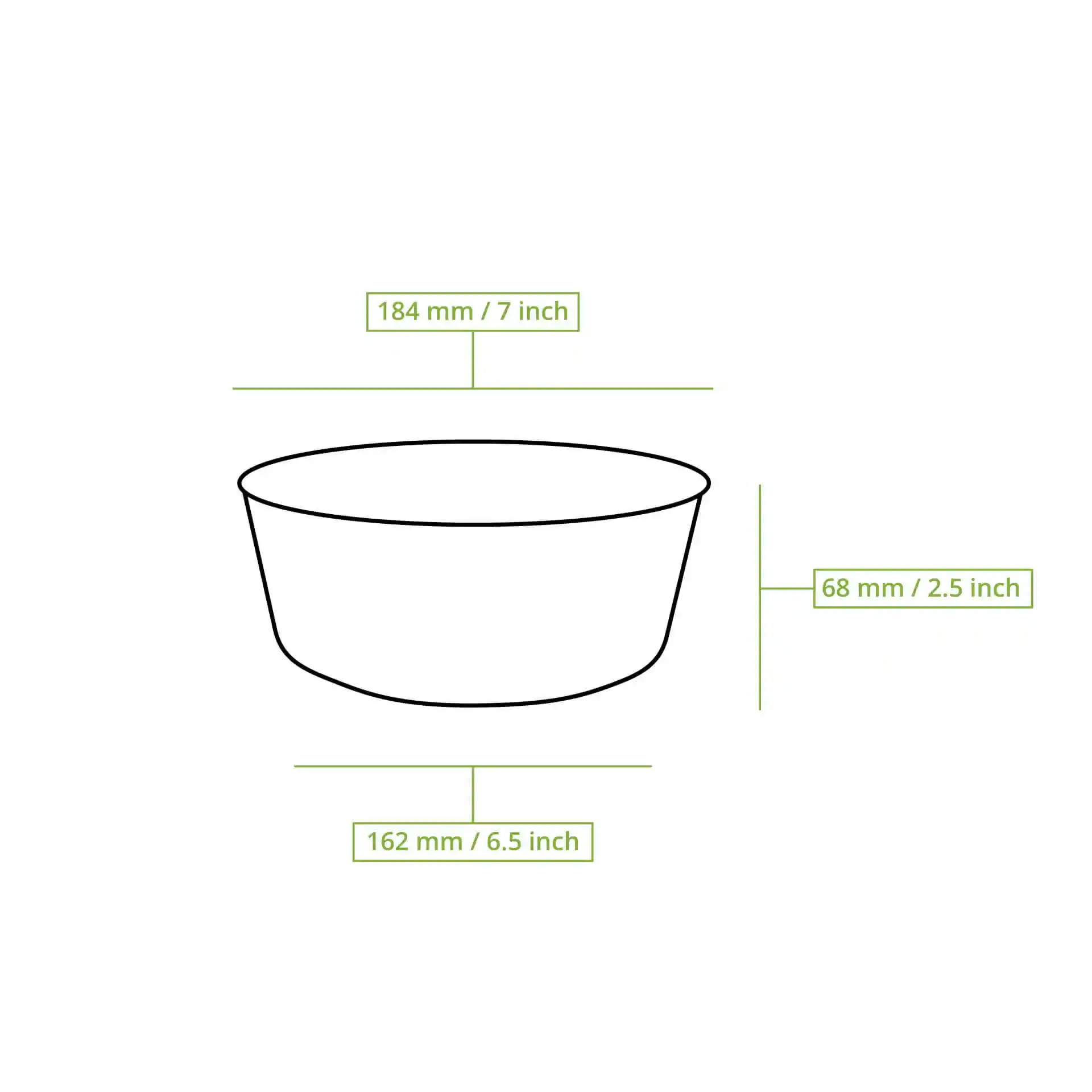 Schematic drawing of a round bowl with dimensions: 184 mm diameter, 68 mm height, and 162 mm bottom diameter.