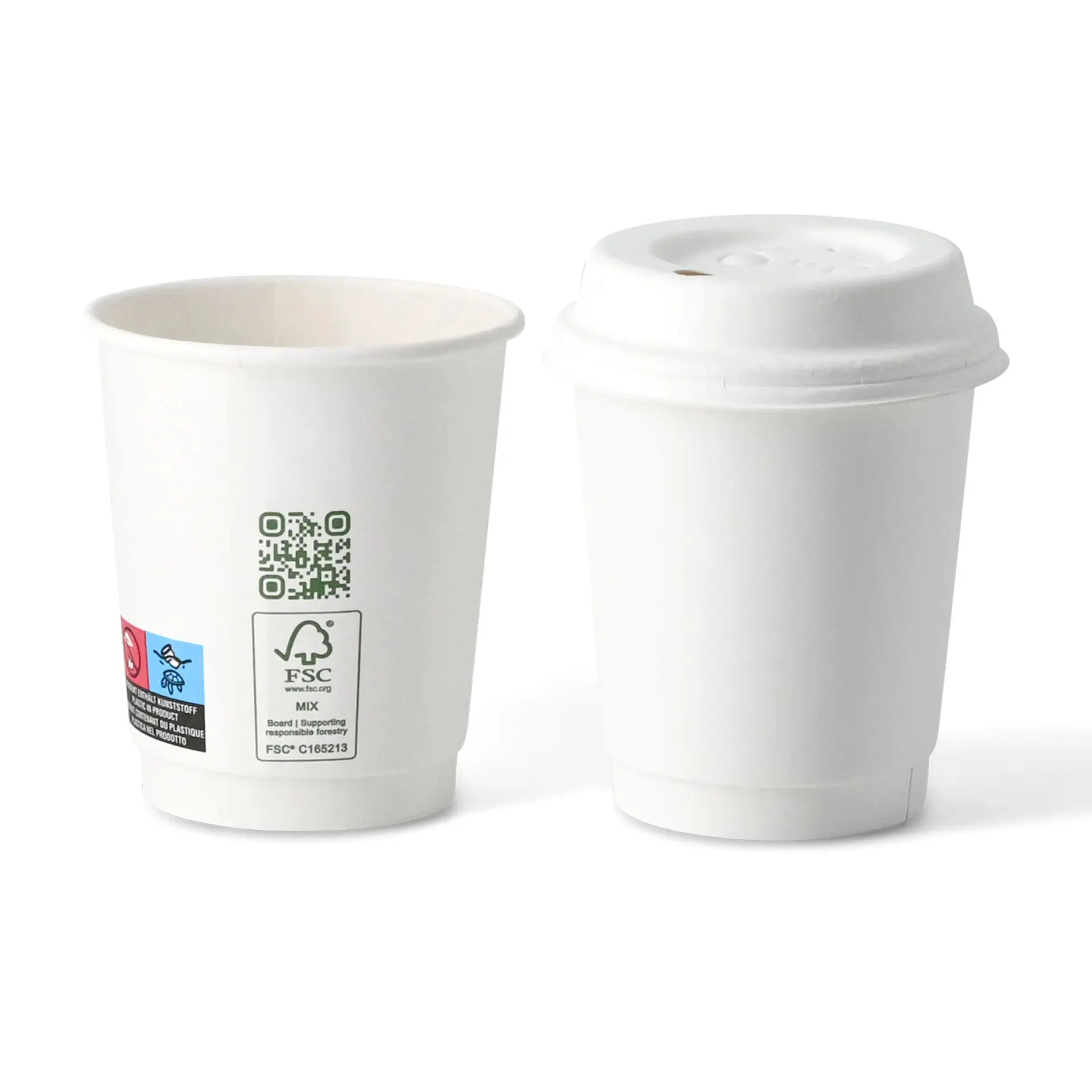 White double wall coffee cup with a lid, 200 ml capacity, 90 mm height, and 80 mm diameter.