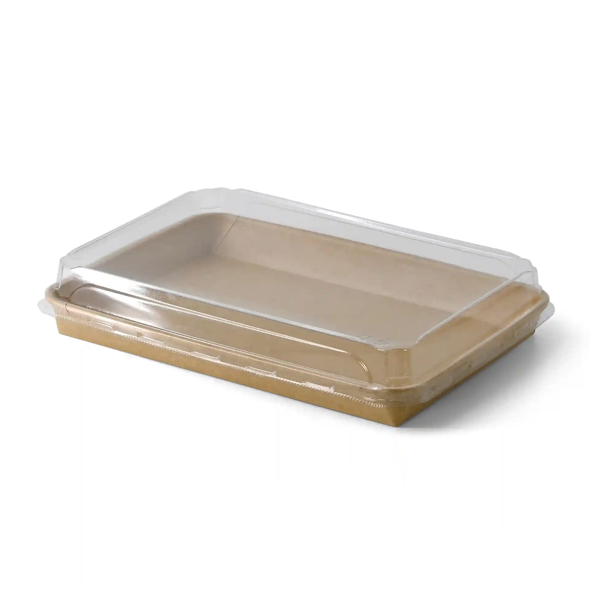 Brown sushi box with a clear lid, measuring 25.5 x 18 x 3 cm, with a PE-coated surface.