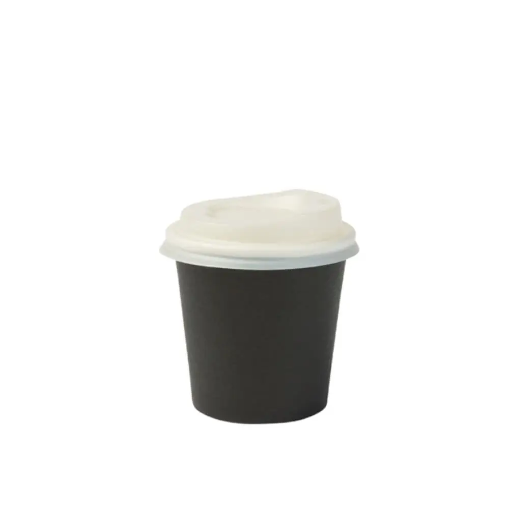 Black single-wall paper cup, 100 ml with PLA coating, suitable for hot and cold drinks, shown with a lid.
