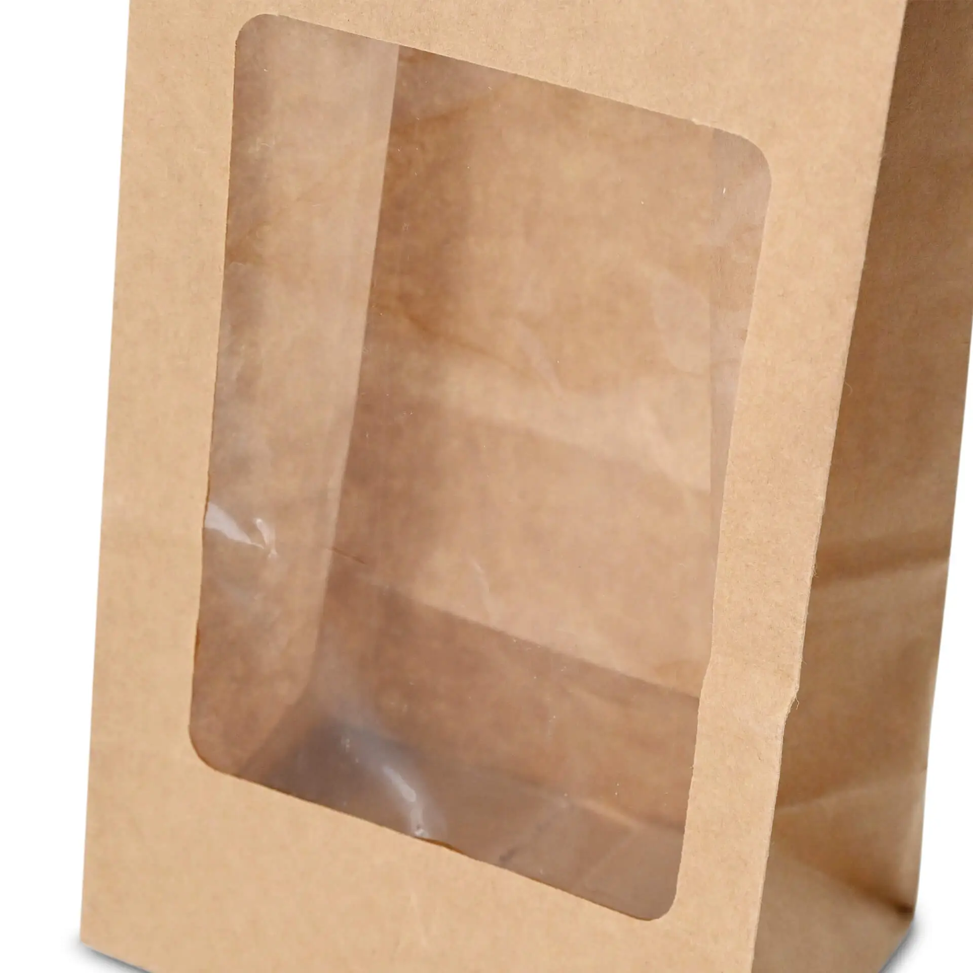 Block bottom-bags with PLA-window S, 9 x 6 x 19,5 cm, brown, kraft paper Block bottom-bags with PLA-window S, 9 x 6 x 19,5 cm, brown, kraft paper