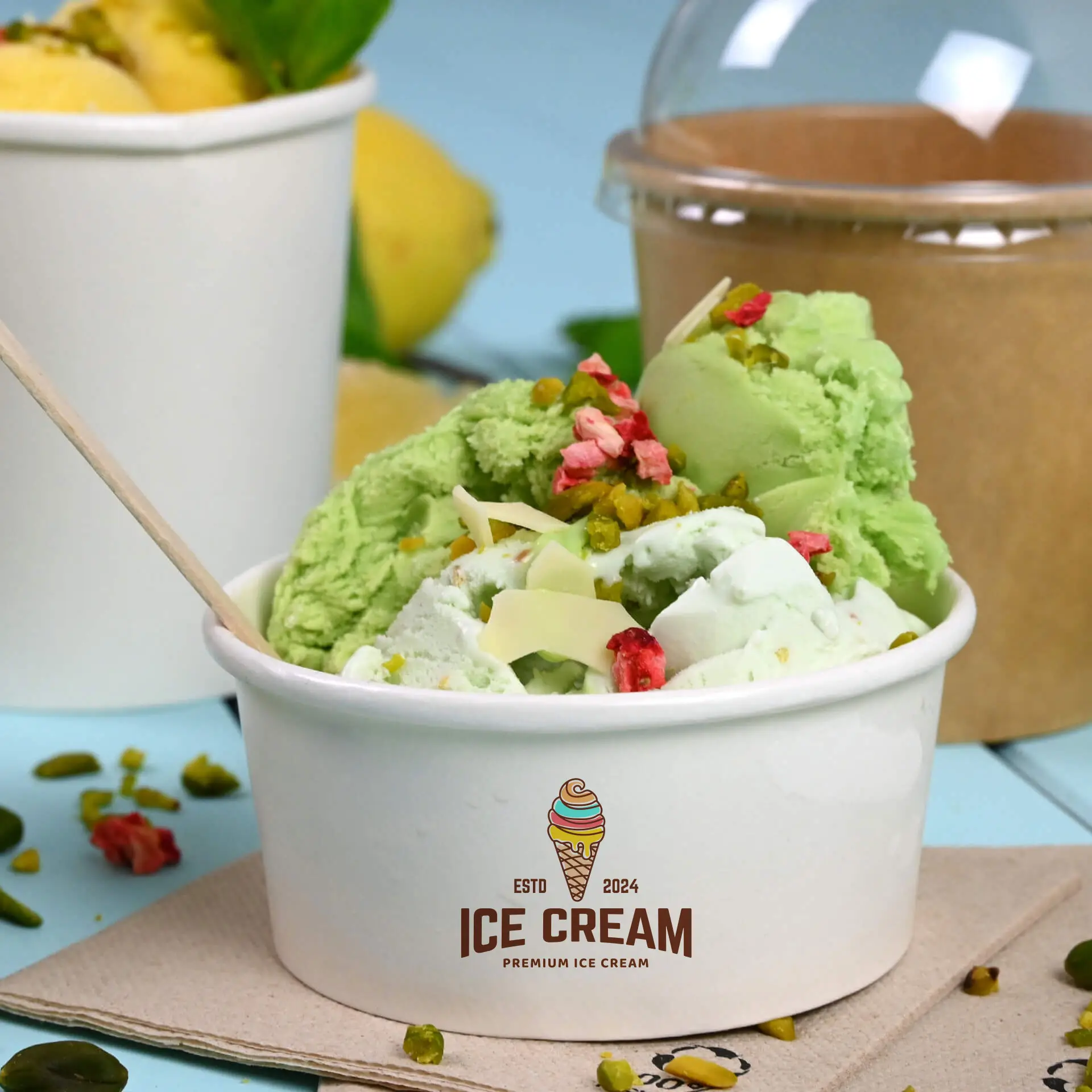One white ice cream cup filled with green and white ice cream, topped with nuts and fruits; logo visible on the cup.