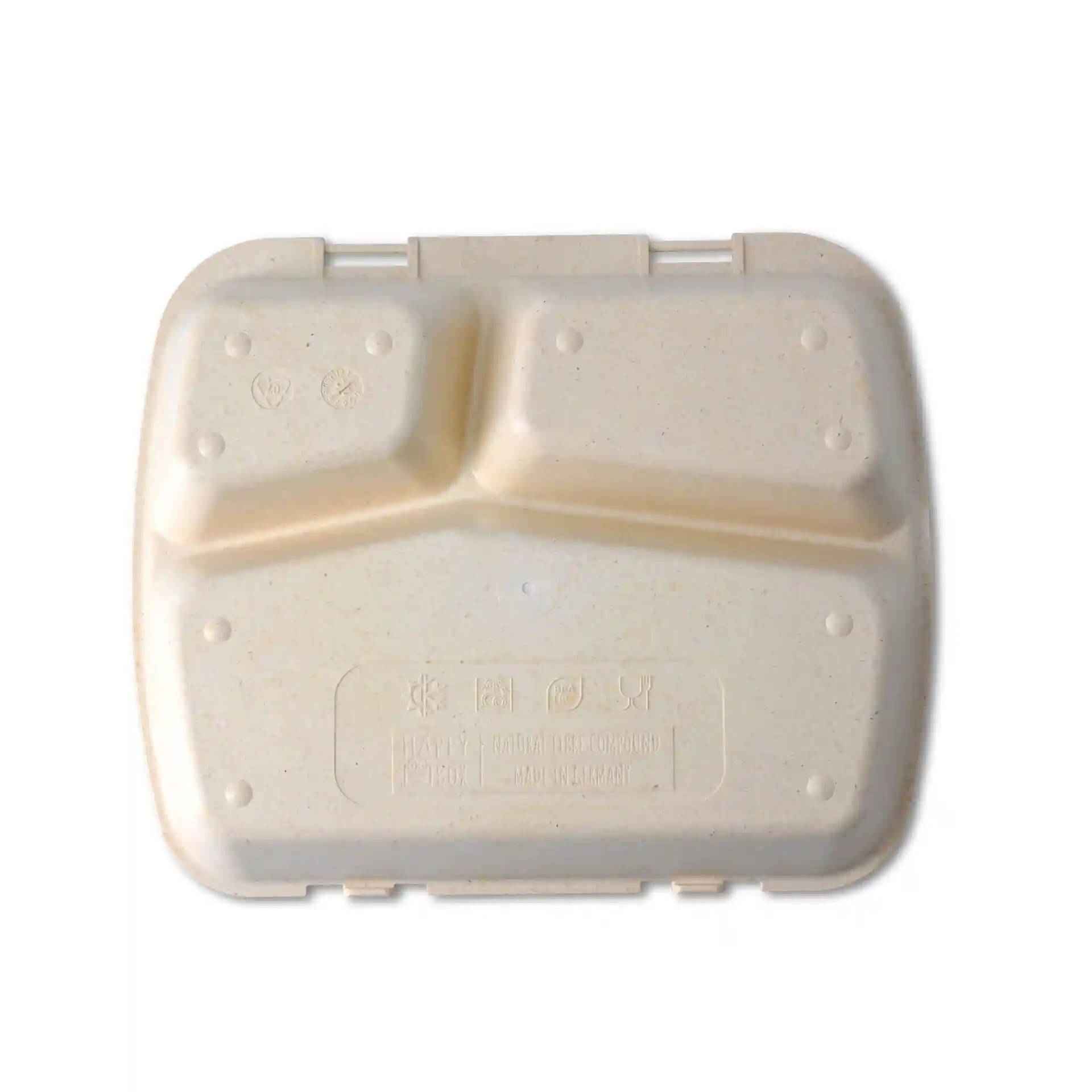 Creamy white reusable meal container with three compartments, measuring 24.5 x 20 x 4.5 cm.