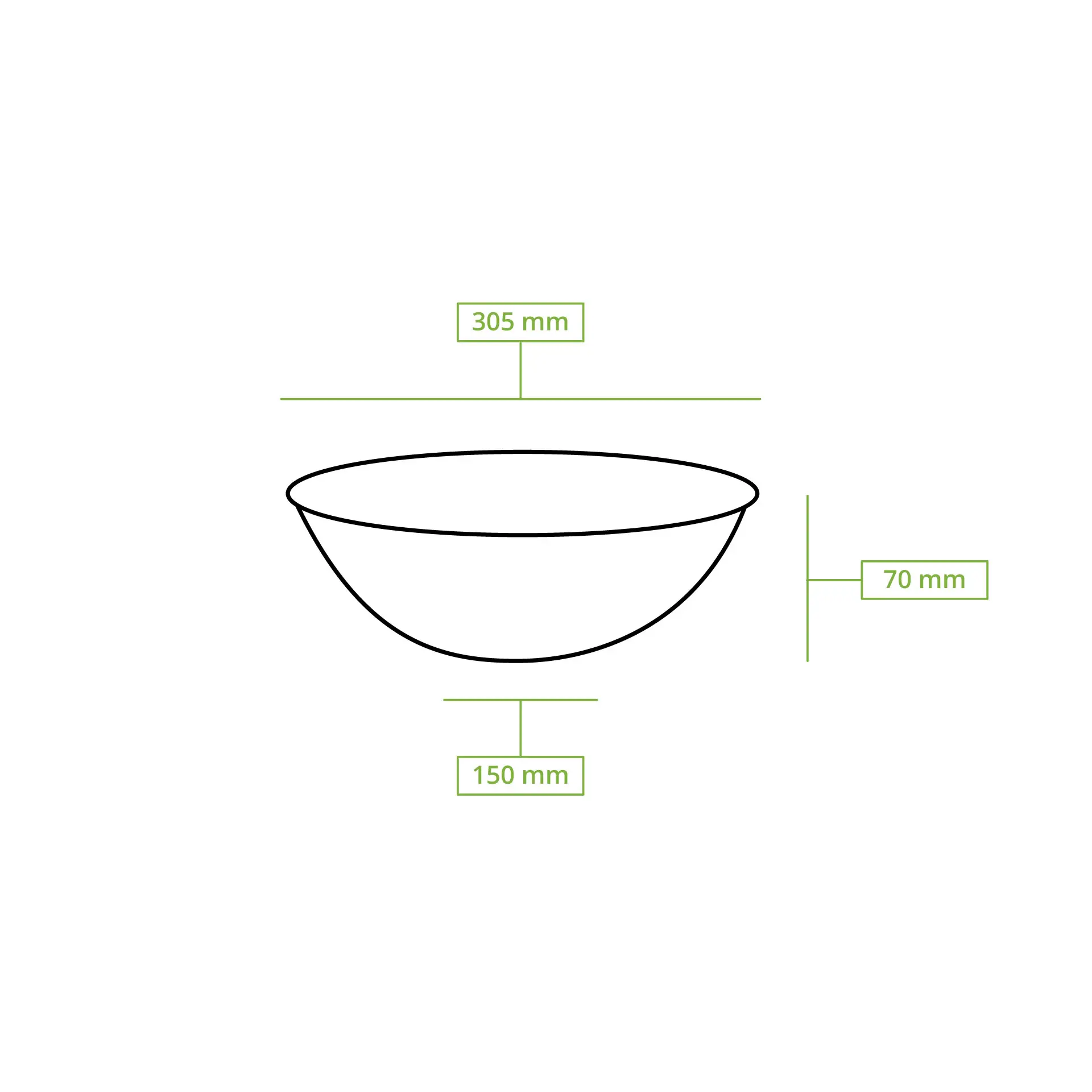 Round palm leaf bowl with a 30 cm diameter and 7 cm height, suitable for hot or cold foods, shown with dimension labels.