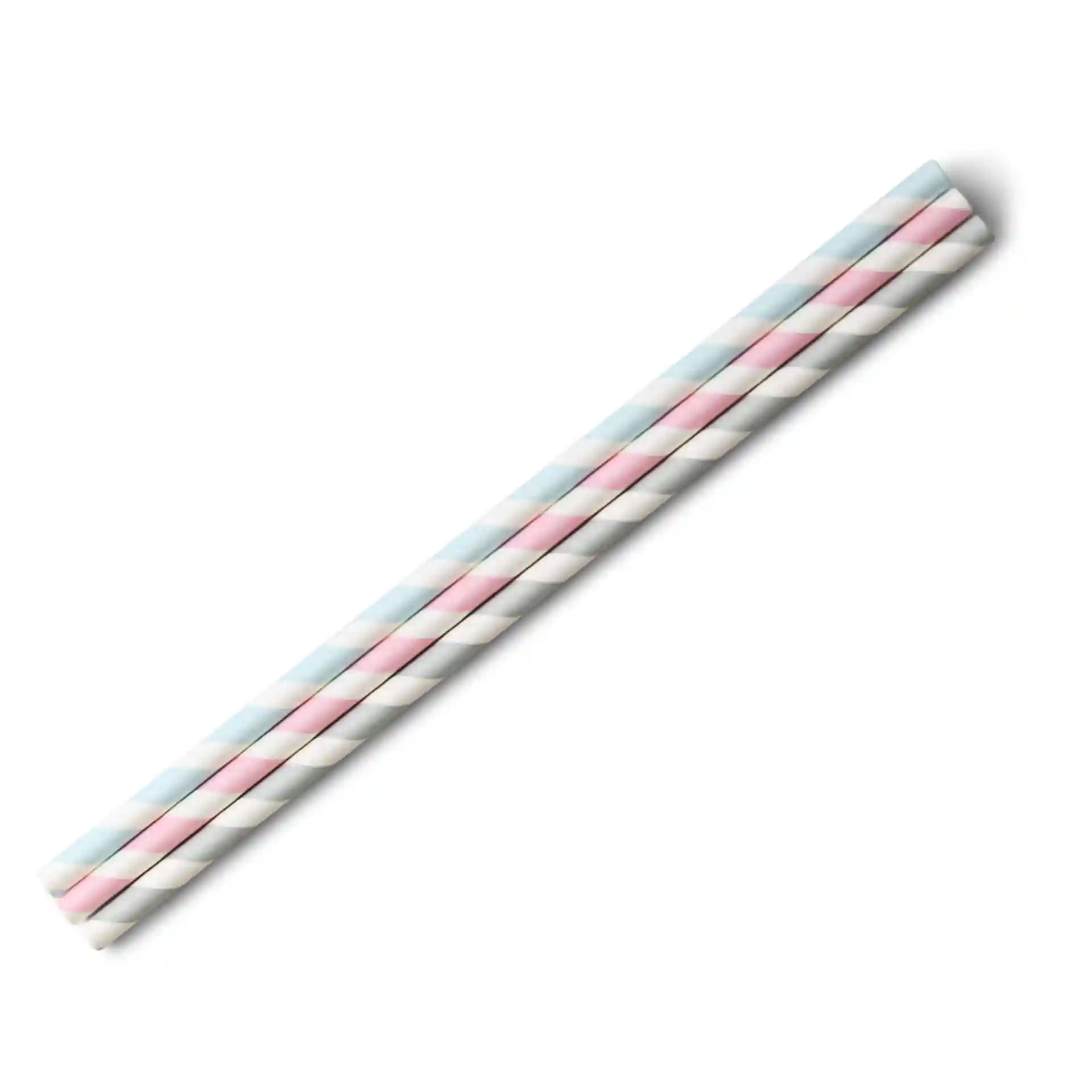 Pastel striped paper straws, 20 cm long and 0.6 cm in diameter, arranged in a row on a white background.