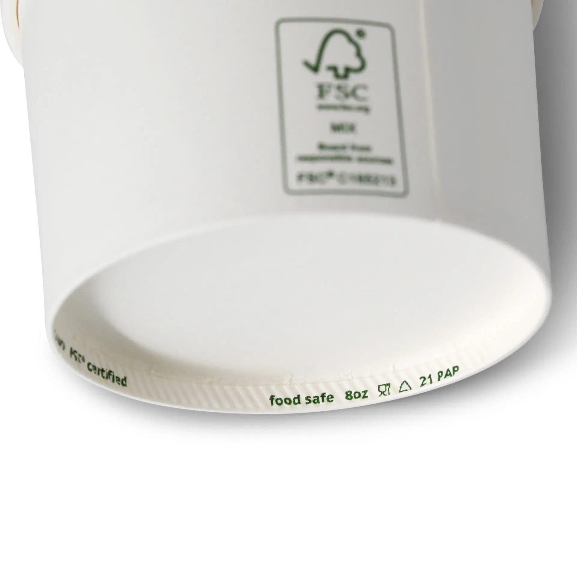 White paper ice cream cup with a diameter of 92 mm and markings on the bottom indicating size and material.