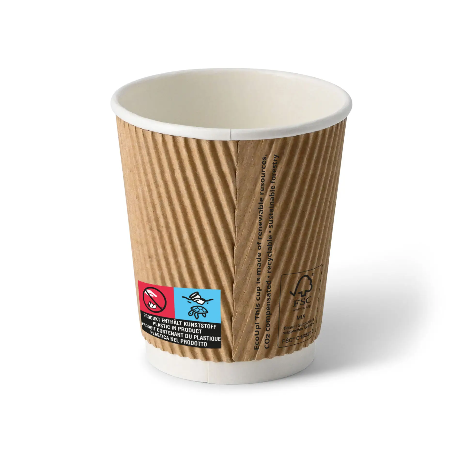 8 oz Take away coffee cups (coated) / Ripple cups, Ø 80 mm, brown, inner white con10024-01-1-riffelbecher-beschichtet-coffee-to-go-becher-200-ml-8-oz-80-mm-braun-innen-weiss-2