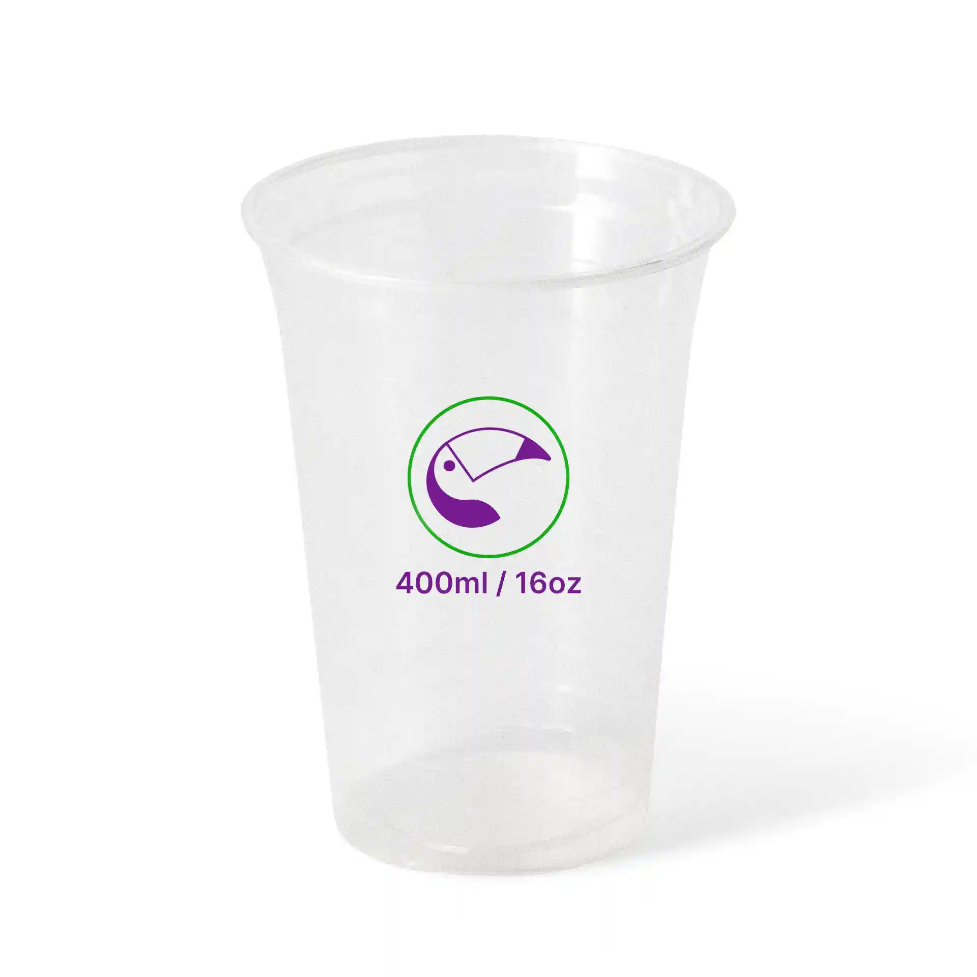 Clear plastic cup with a capacity of 400 ml, featuring a green and purple measurement symbol.