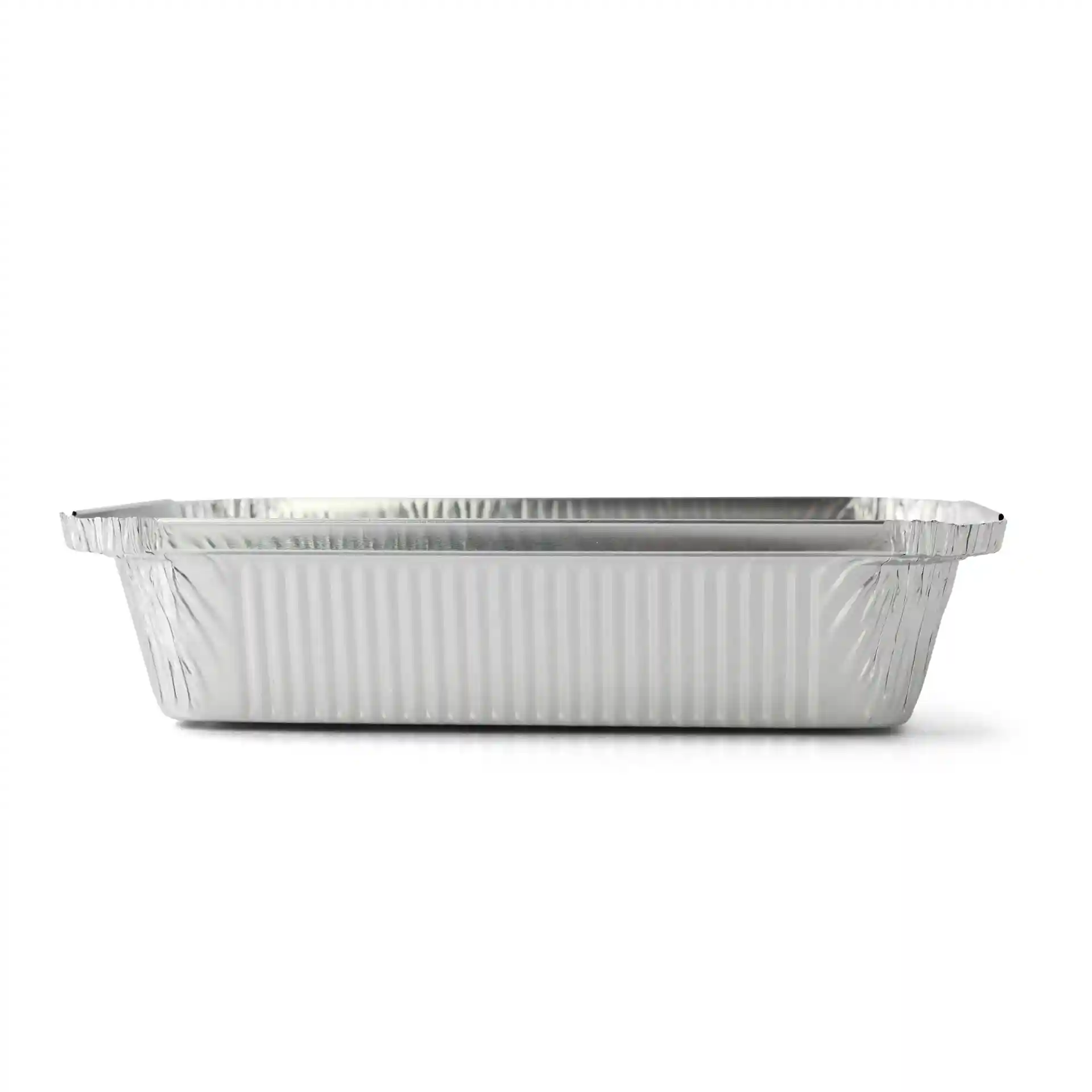 Rectangular aluminum container measuring 21.4 x 14.9 x 4.3 cm with a shiny surface and fluted sides.