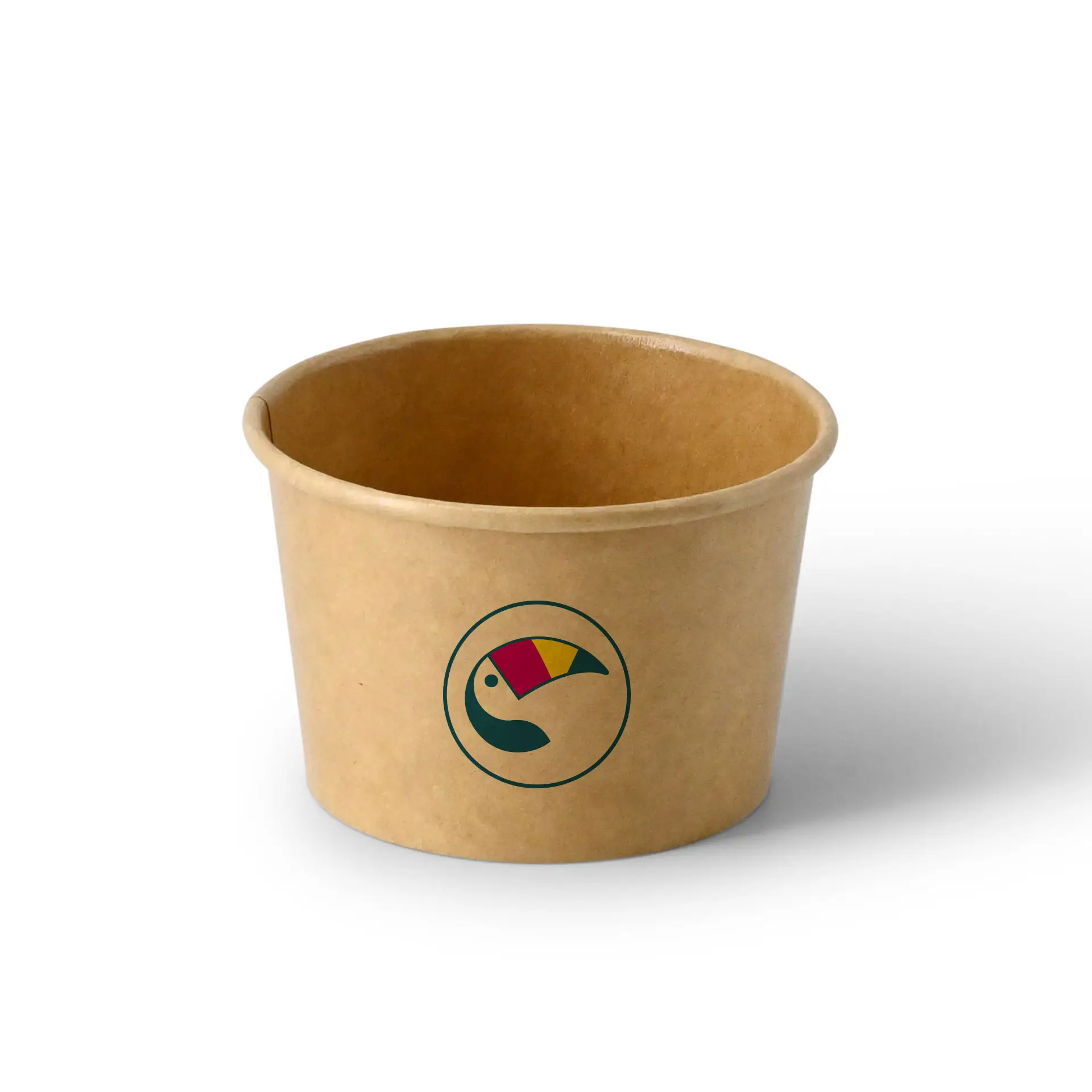 Brown ice cream cup with a colorful toucan logo, designed for ice cream shops, optional secure lid available.