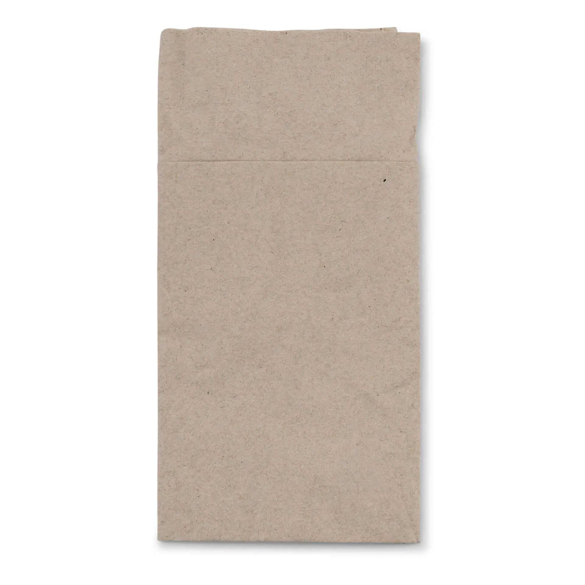 Rectangular unbleached paper cutlery pouch, 10 x 19.5 cm, with a printed recycling symbol.