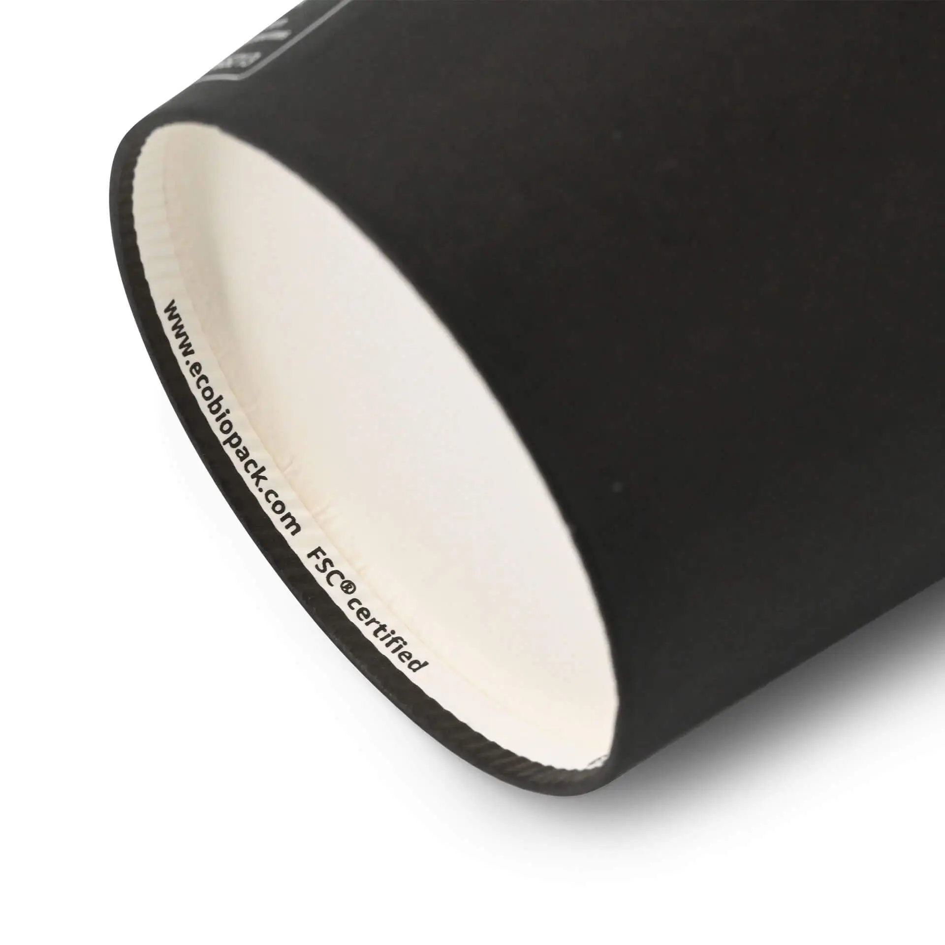 Black 8 oz paper cup with a round shape and a white interior, showing the bottom edge and part of the coating.