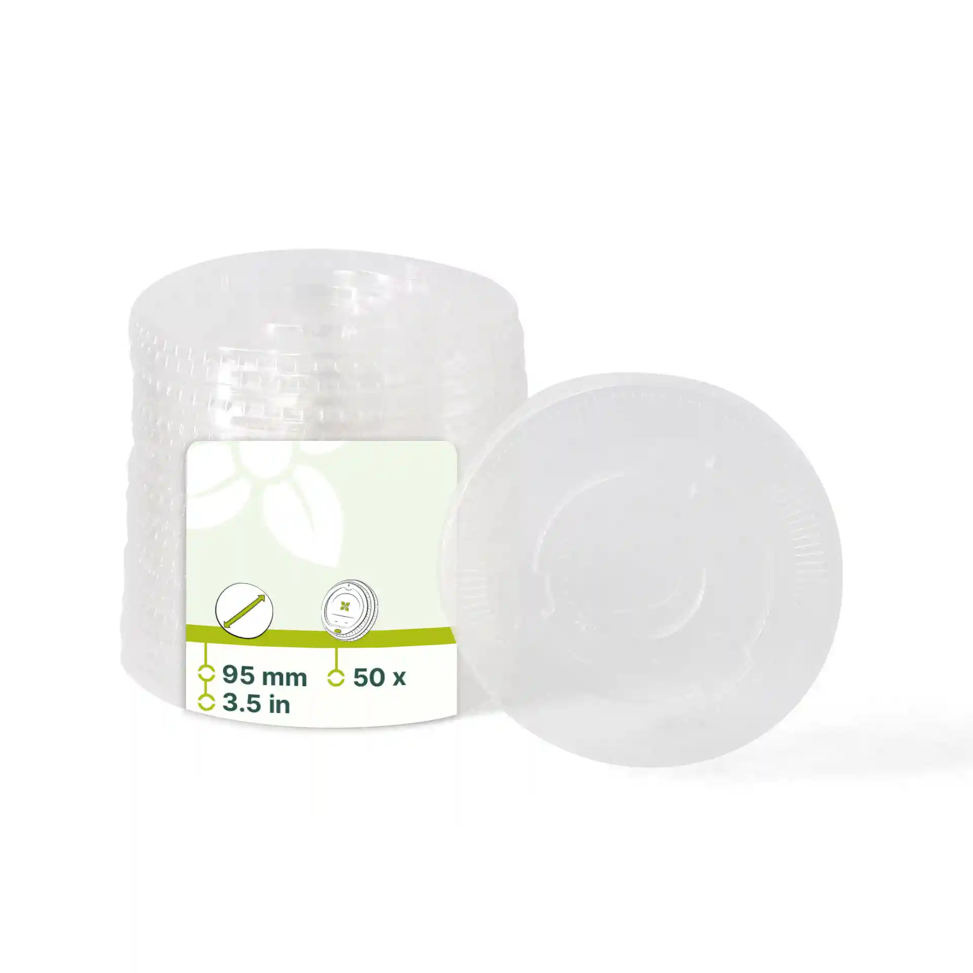 Clear PLA flat lid with a diameter of 95 mm, featuring a straw hole, shown with multiple stacked lids.