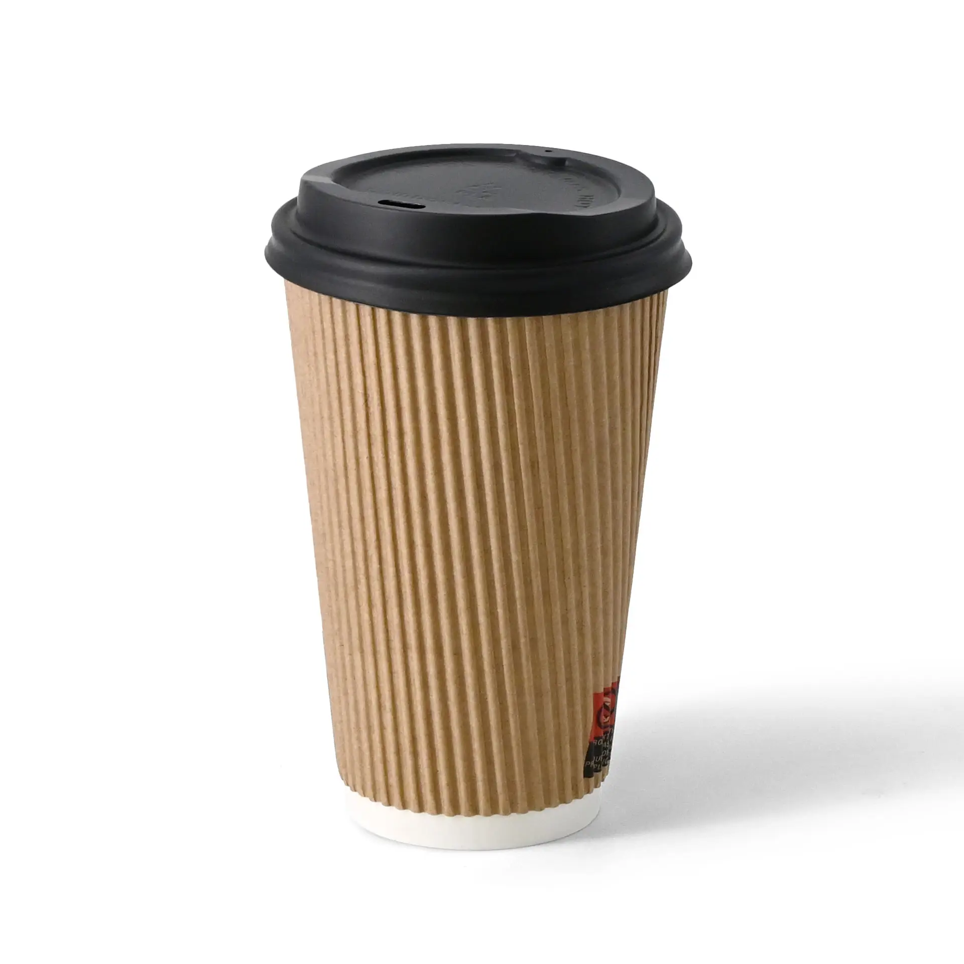 Brown ribbed coffee cup with a black lid, 16 oz size, featuring a white interior.